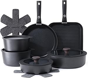 SENSARTE 17 Piece Pots and Pans Set, Nonstick Detachable Handle Cookware Set, Induction Kitchen Cookware Set with Removable Handle, Healthy Non Stick for RV, Dishwasher ＆ Oven Safe, PFOA Free (Black)