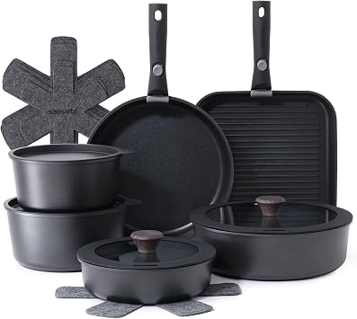 SENSARTE 17 Piece Pots and Pans Set, Nonstick Detachable Handle Cookware, Induction Kitchen Cookware Set with Removable Handle, Dishwasher   Oven Safe Black