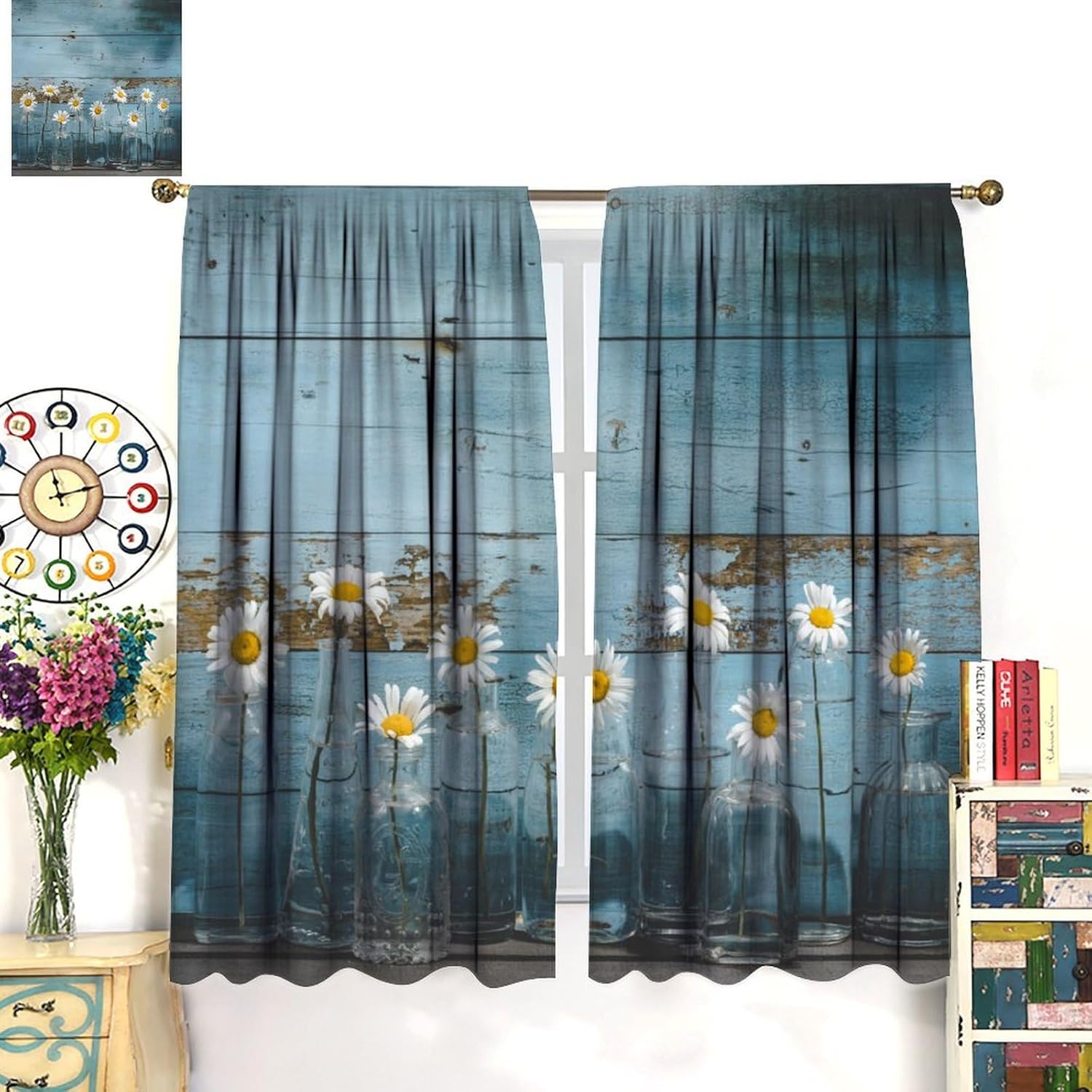Rustic Kitchen Curtains Vintage Blue Wooden Board Daisy Flower Bottle Farmhouse Bedroom Living Room Blackout Rod Pocket Decoration Window Drapes 2 Panels W21xL63in W21xL45in