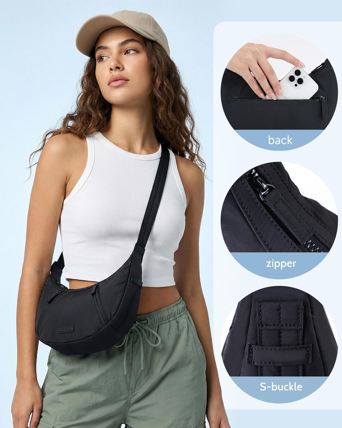 Prite Shoulder Bag Lightweight Crossbody Bag for Women Crescent Travel Purse with Adjustable Strap, Pockets and Key Leash