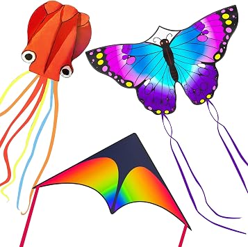 Nazano 3 Pack Kites for Kids & Adults, Easy to Fly Outdoor Beach Park Kites | Includes purple butterfly, red octopus & delta kite with strings. Easy to fly. Perfect Easter & birthday gift for kids
