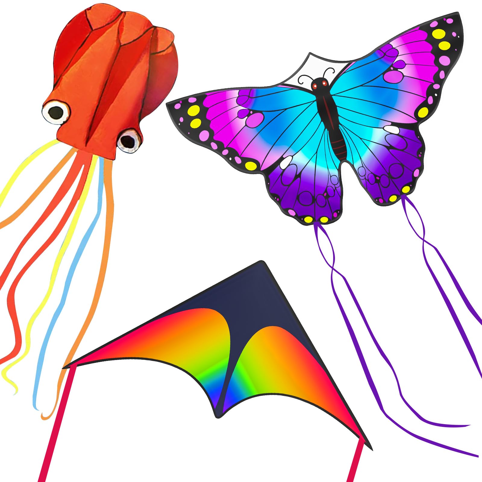 3 Pack Large Kites, Large Butterfly Kite, Colorful Delta and Red Octopus for Girls Boys Ages 4-8, 8-12, Adults