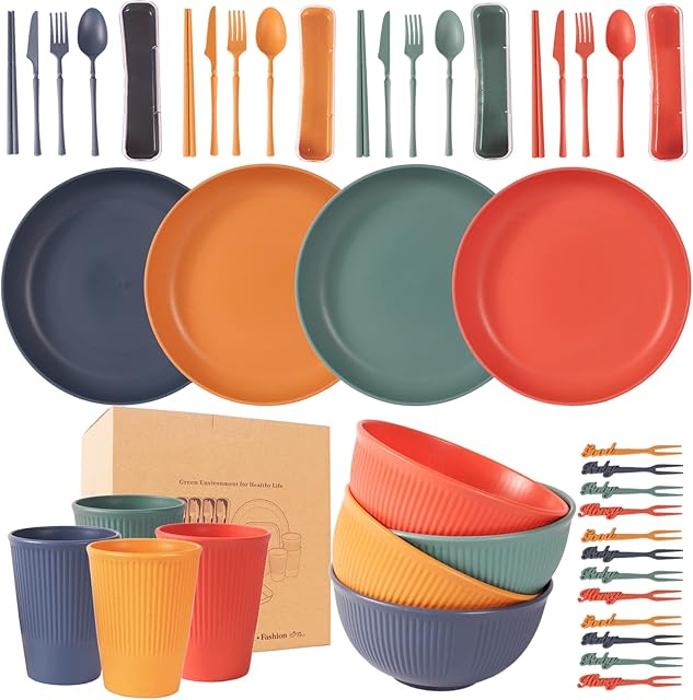 48PCS Unbreakable Plastic Dinner Set Lightweight | Reusable Dinnerware for 4 Microwave and Dishwasher Safe | Plastic Plates and Bowls Set, Cups, Cutlery Sets, Fruit Forks Set