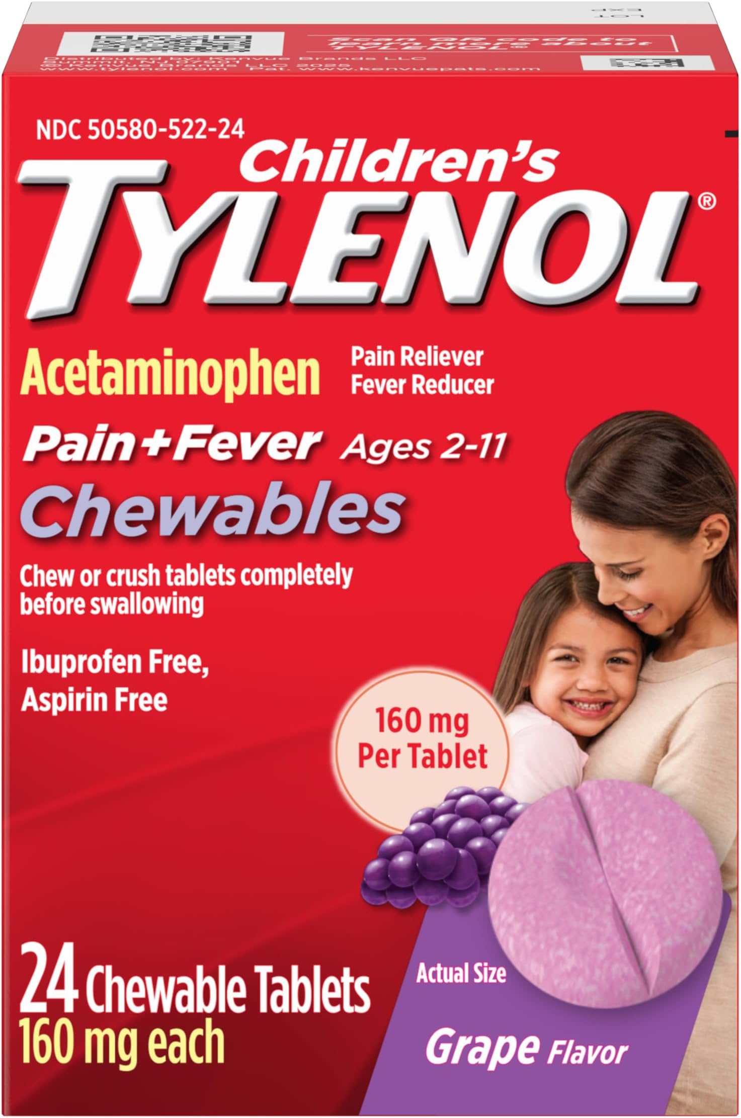 Children's Tylenol Chewables, 160 mg Acetaminophen, Grape, 24 ct