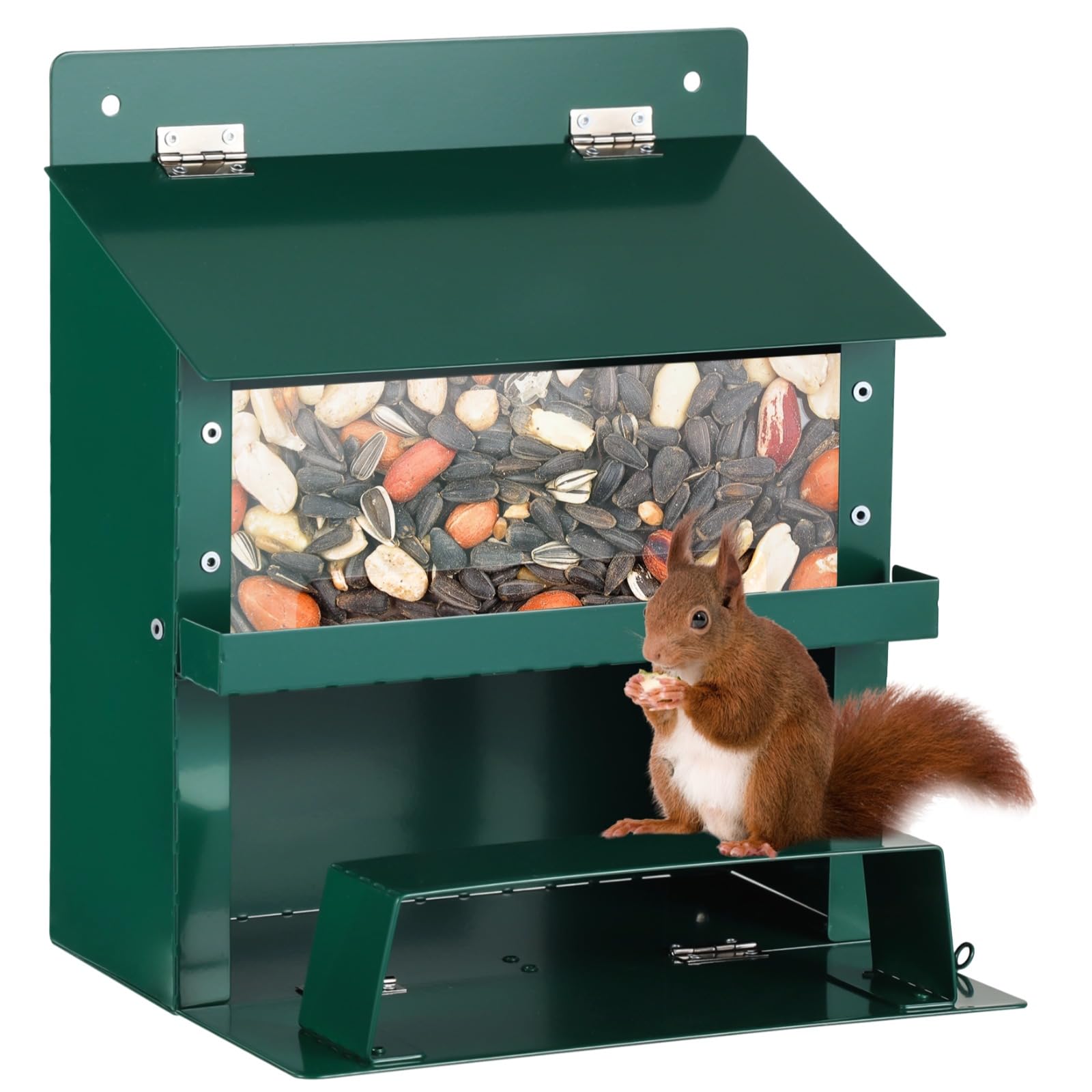Eichhörnchen Futterhaus für draußen, Metall-Eichhörnchen-Picknicktisch mit wasserdichtem Dach, klarem Sichtfenster, entnehmbarer Schale für Nüsse und Sonnenblumenkerne, einfache Montage