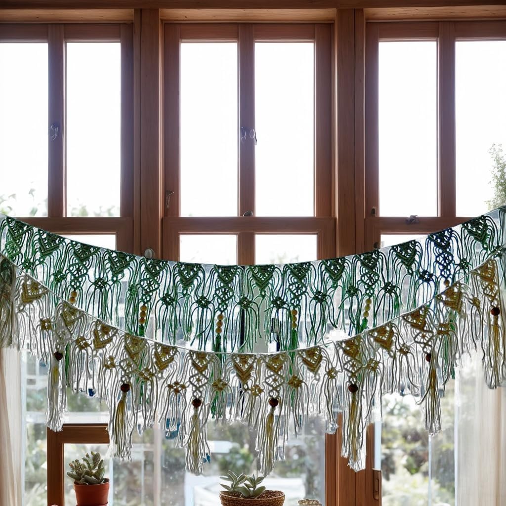 Macravine Macrame Wall Hanging Garland, Green and Cream, Bohemian Style with Wooden Beads, Handwoven Cotton Fringe Banner,44“X12.8” (Beige)