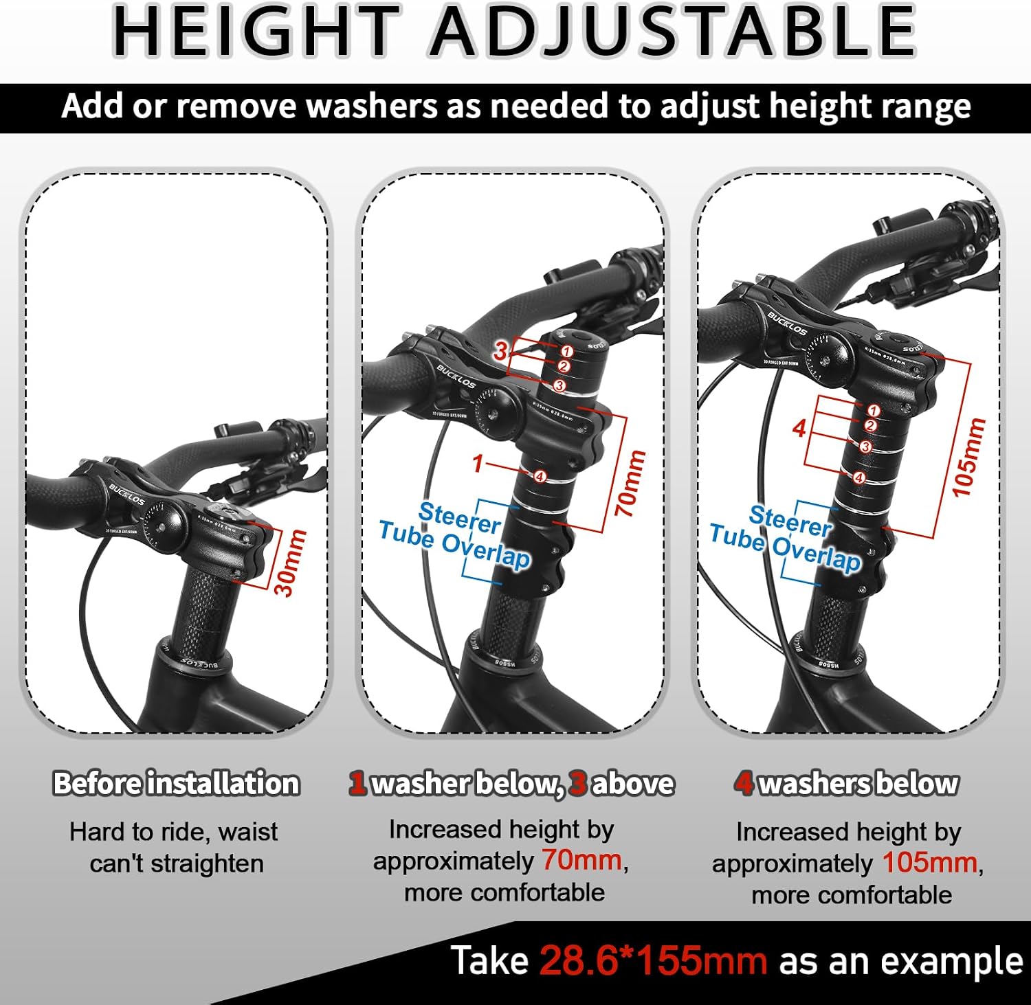BUCKLOS Bike Stem Riser Handlebar Extender for MTB 1-1/8 28.6mm Bike Fork | Mountain Bike Stem Riser, Aluminum Alloy Bicycle Stem Riser Extension Adapter for Mountain, Road Bike, Ebike, MTB, BMX