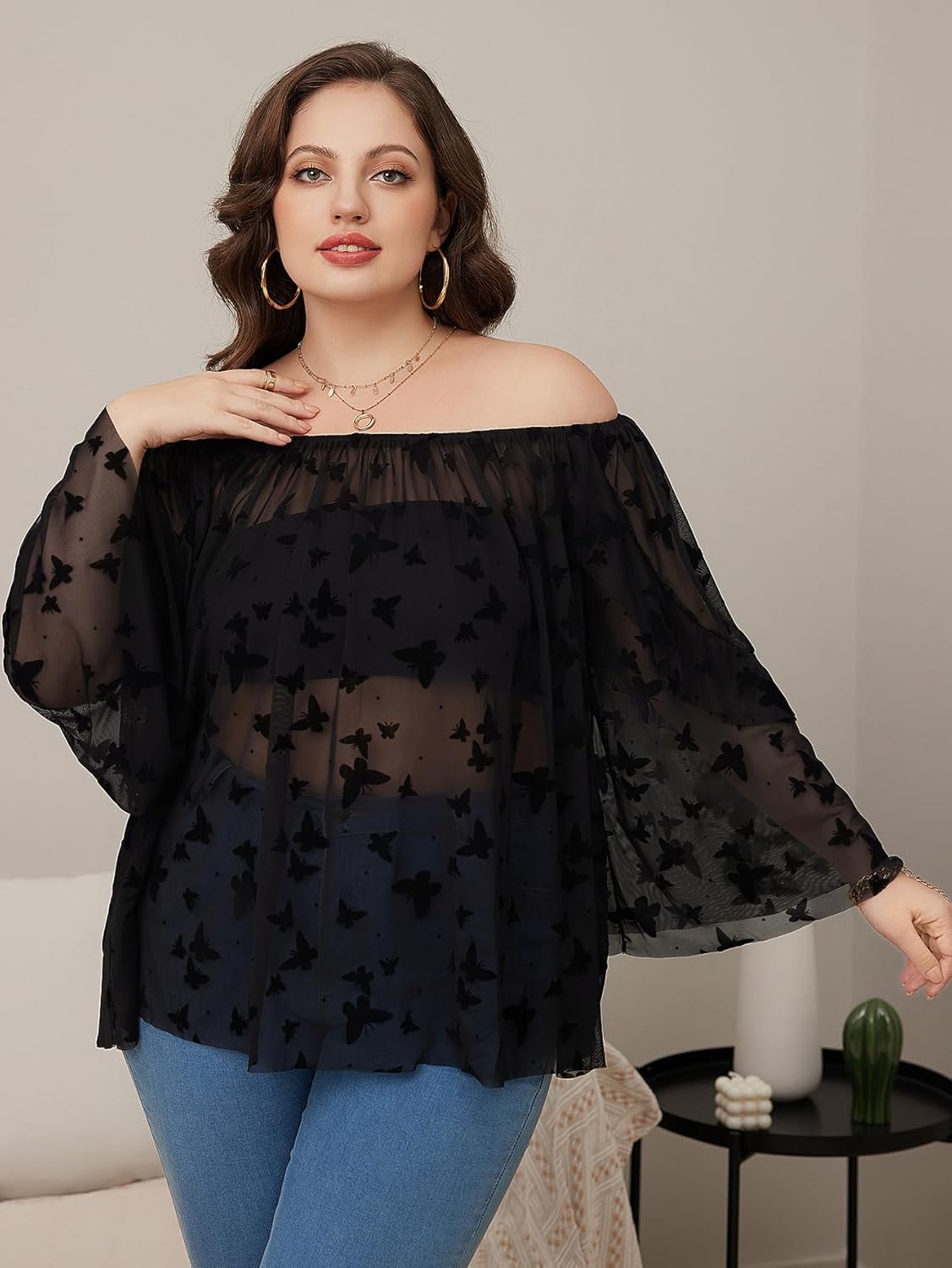WDIRARA Women's Plus Size Butterfly Print Mesh Off Shoulder Long Sleeve Sheer Sexy Blouse Top - Image 5