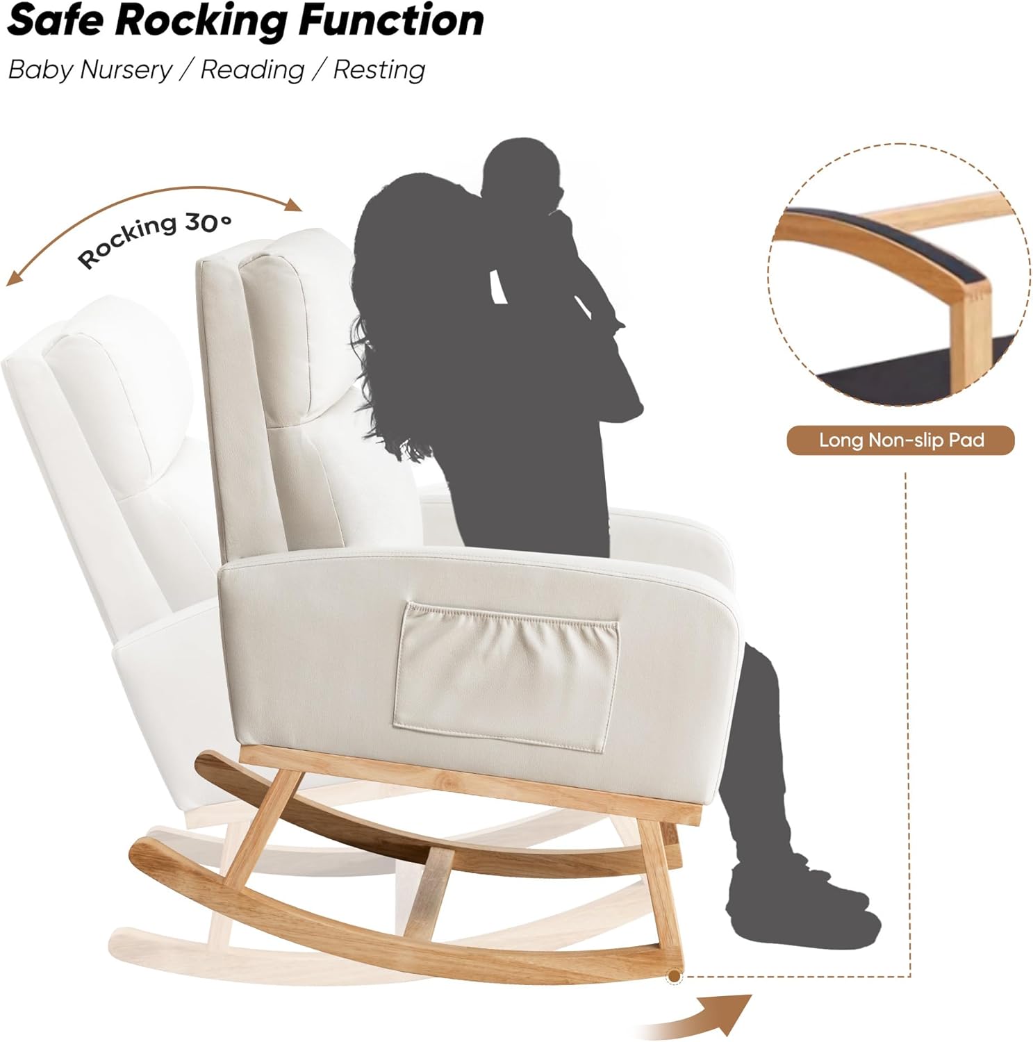 Rocking Chair Nursery, Uplostered Leather Rocker Nursing Chairs with Wood Legs and Side Pocket, Comfortable Glider Roking Chair for Nursery, Living Room, Bedroom, Leather Beige
