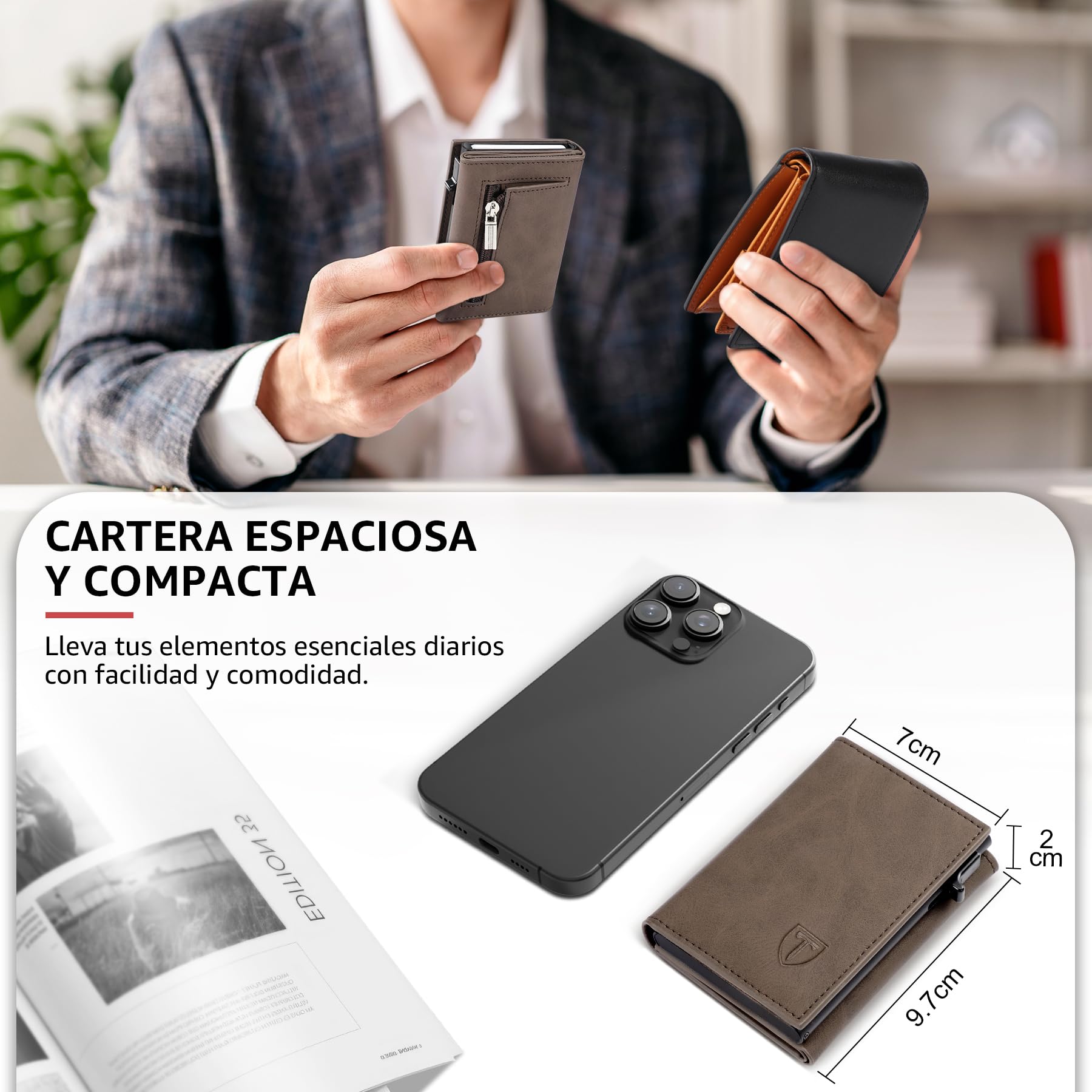 Cartera Hombre Cuero Bloqueo RFID Cierre Magnético Tarjetero 8 Ranuras Marrón