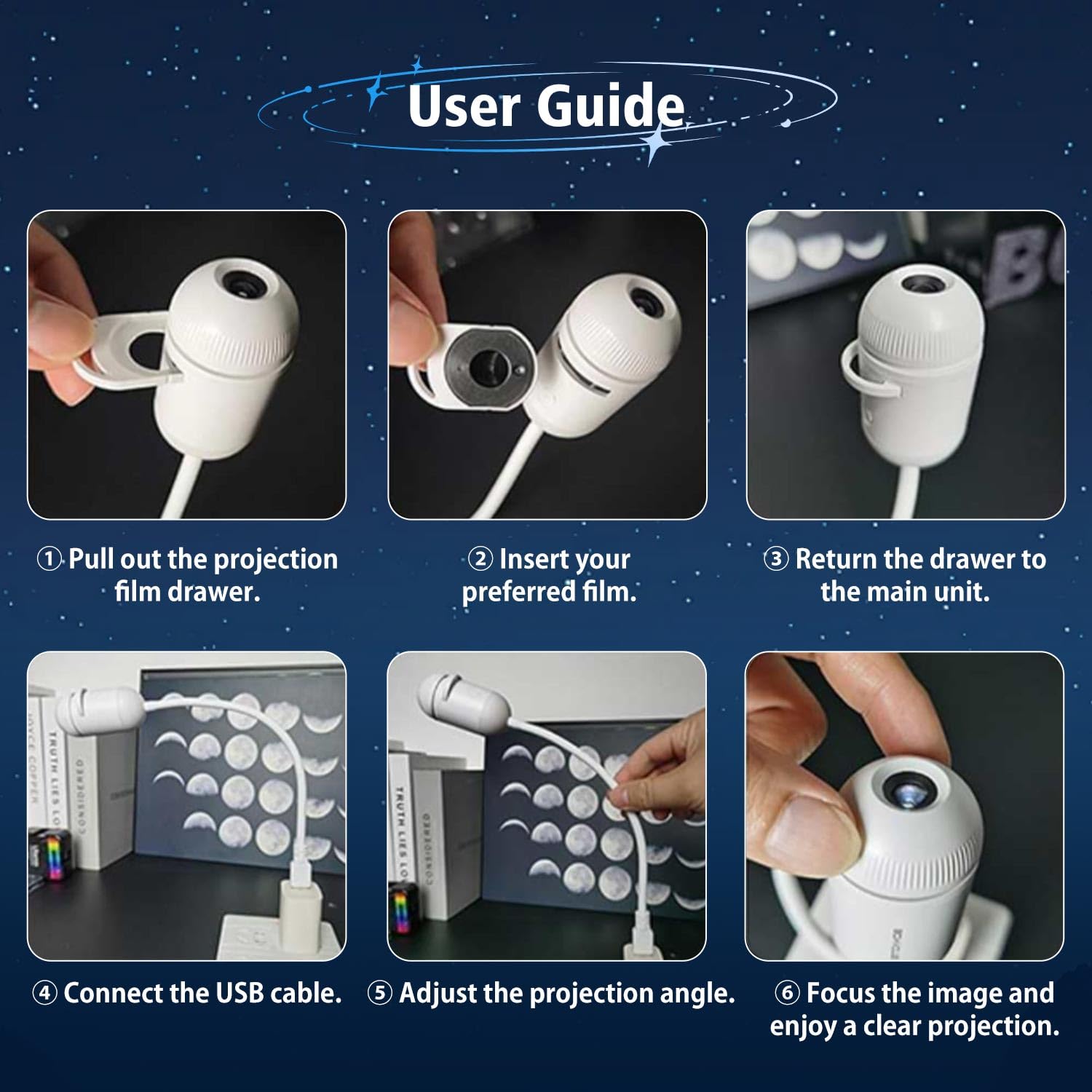 Galaxy Nachtlicht Projektor, 2-in-1 USB Sternenlampe Kinder Geschenk für Schlafzimmer | Einstellbare Helligkeit, Auto- und Raum-Wand-Deckendekoration, 10 Folien