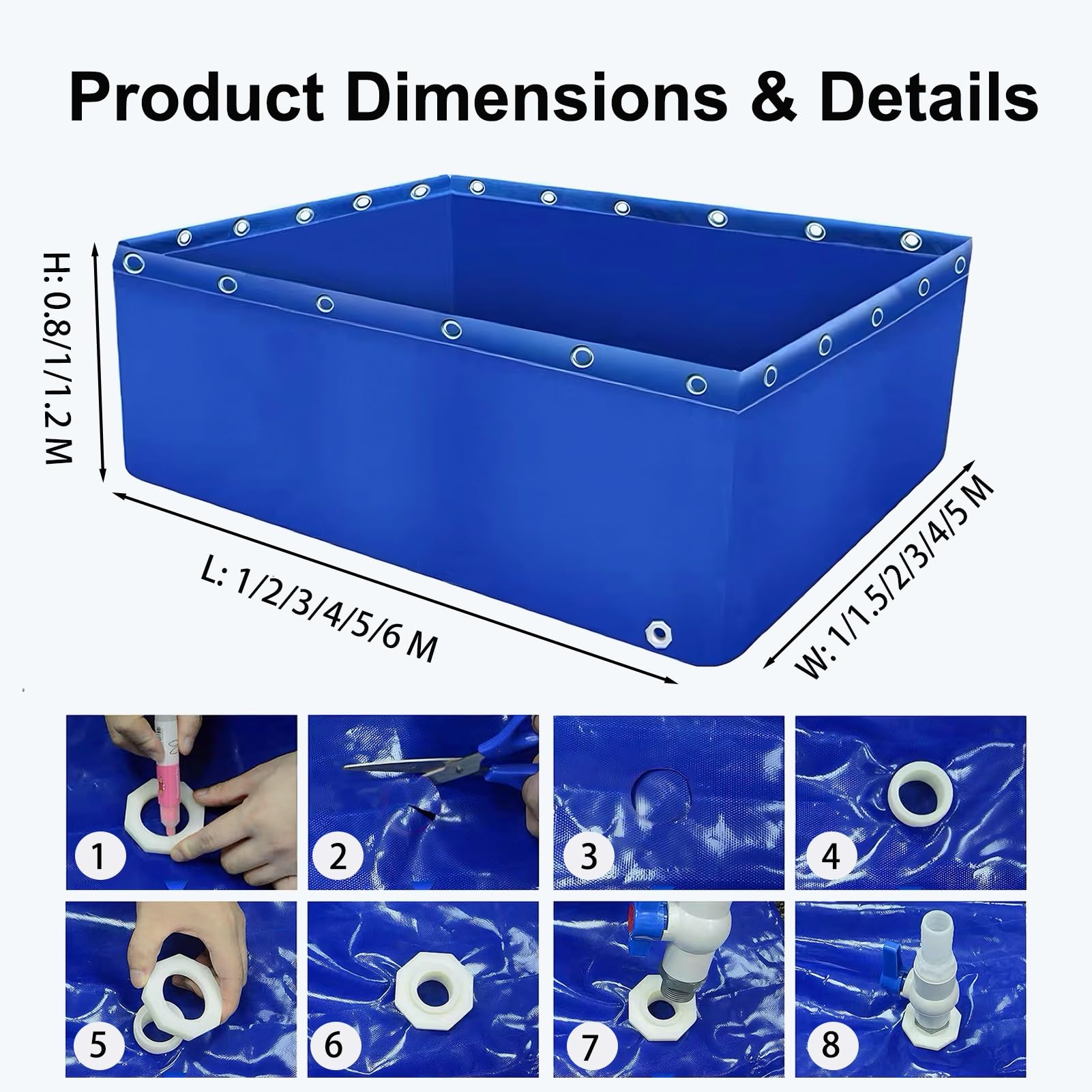 Tanque De Acuario Plegable para Peces, Estanque Rectangular Azul De Lona sobre El Suelo con Válvula De Drenaje, Piscina Portátil para Cría De Koi, Tanque De Peces Dorados(2x1x1.2m)