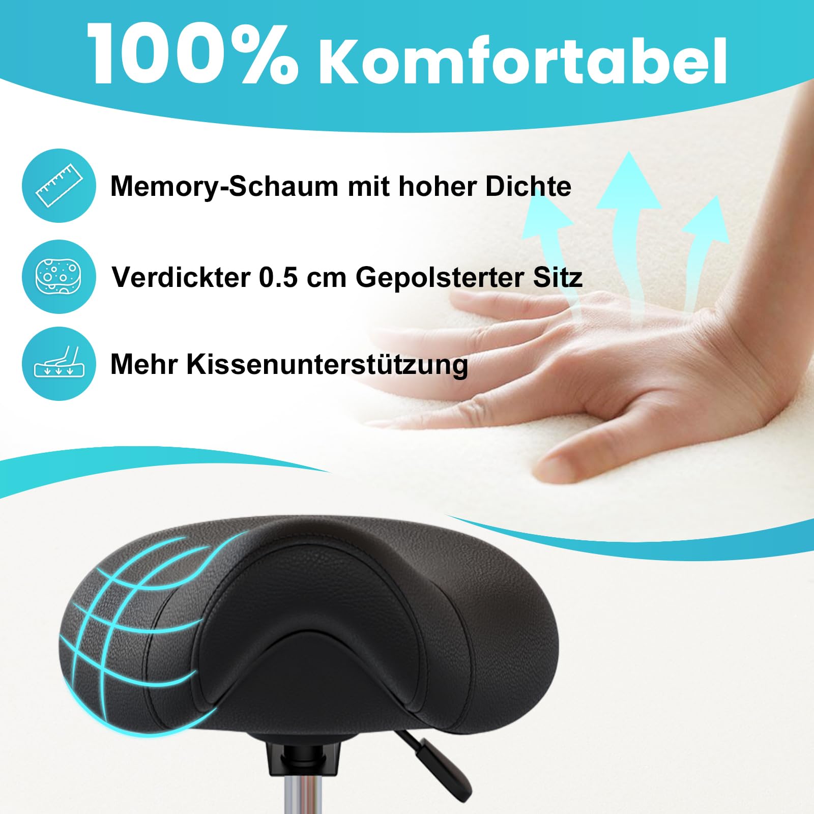 Sgabello da sella ergonomico – Comoda sedia girevole e regolabile con ampio cuscino, ruote e pedale ad anello per medicina, massaggio, salone, ufficio e casa (nero)