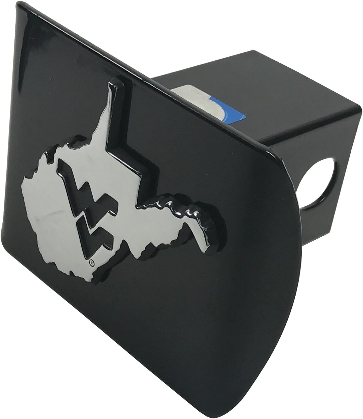 West Virginia WVU University Metal State Shaped Emblem on Black Metal Hitch Cover