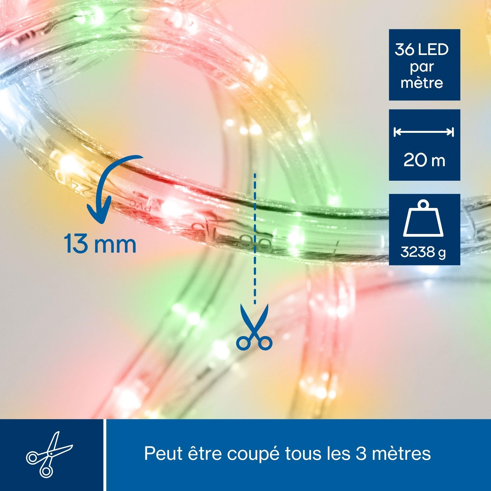 HQ-Power Tube lumineux LED, guirlande lumineuse, tube LED extérieur, cordon lumineux, flexible lumineux, décoration pour intérieur et extérieur, 36 LED/mètre, contrôleur, couleur, 20 m