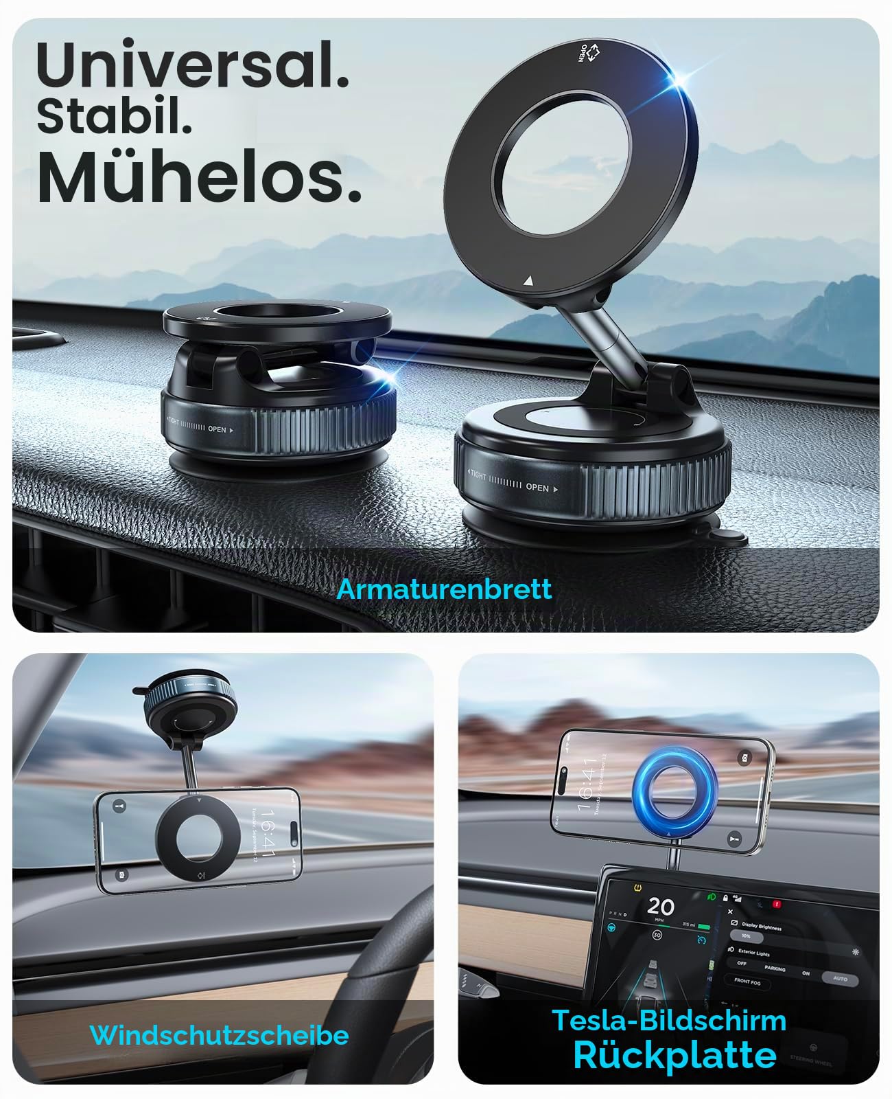 Jononser Magnetische Handyhalterung fürs Auto – Schwarz, mit Nano-Gel Saugnapf, 360° Verstellbar & Faltbar, kompatibel mit iPhone 12–17/MagSafe, für Armaturenbrett & Windschutzscheibe