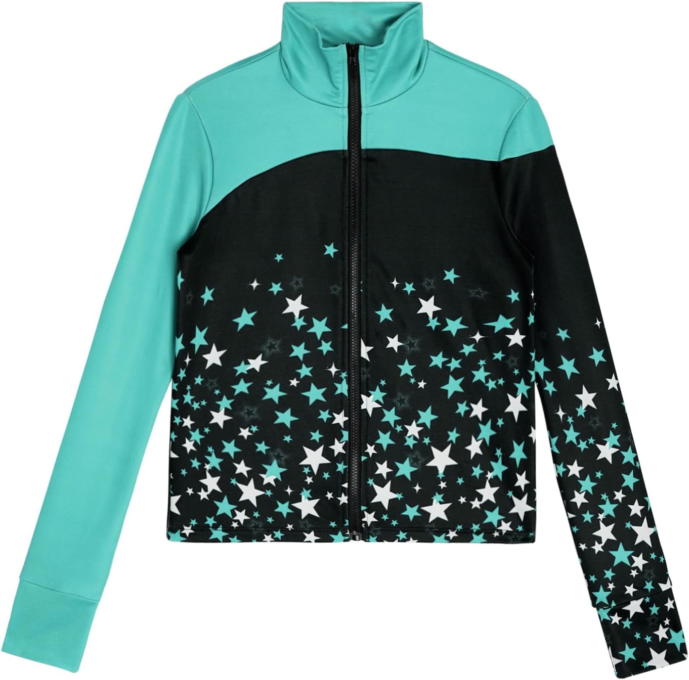 JEATHA Kids Girls Figure Skating Gymnastics Jacket Long Sleeve Star Printed Tops Sweatshirt Zipper Outwear Coat