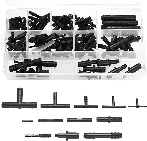 113 Pcs Plastic Hose Pipe Tube Straight Connectors and T-Shaped Plastic Connectors, Garden Barbed Connector, Garden Barb Drip Pipe Joiner Hose Irrigation Connector