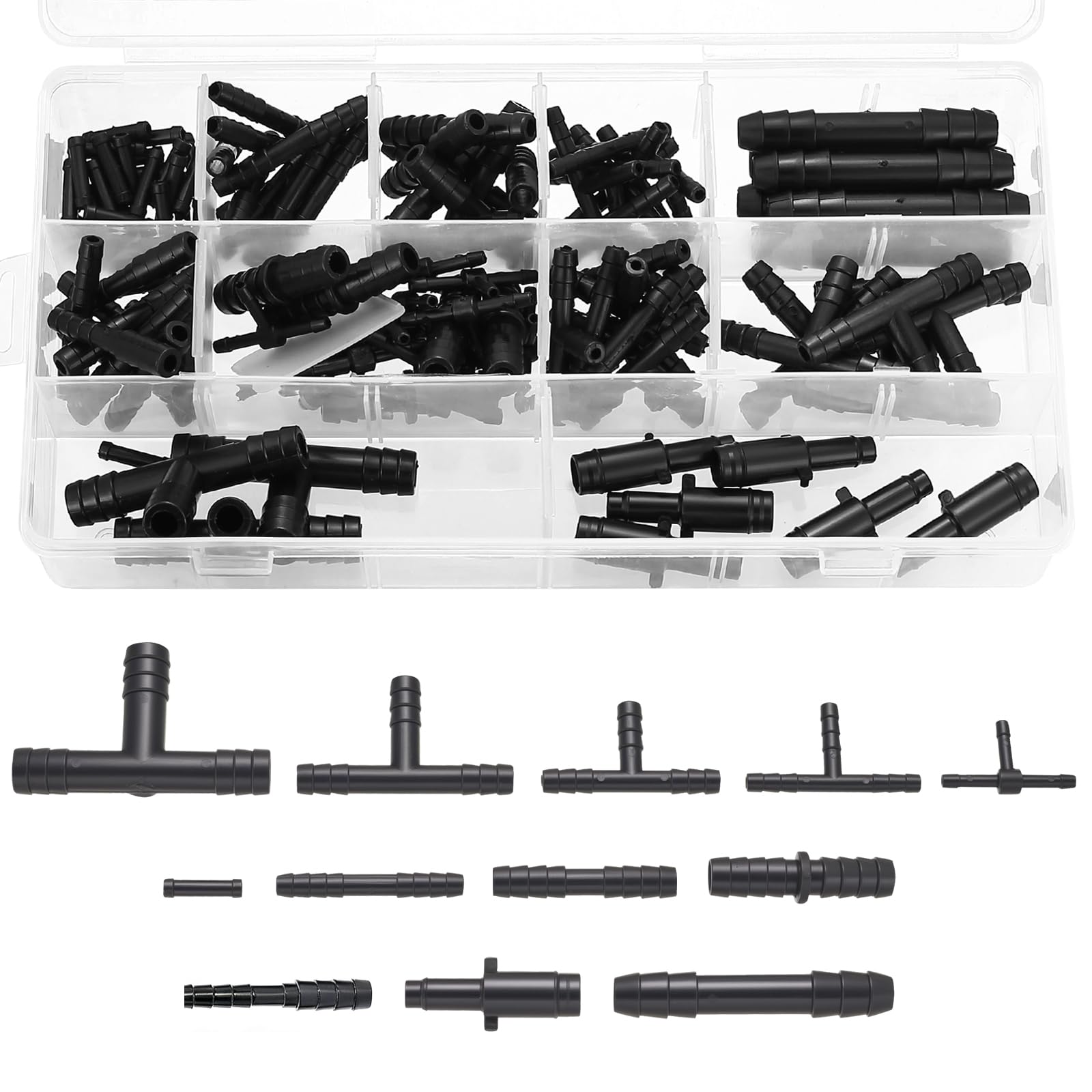 113 Pcs Plastic Hose Pipe Tube Straight Connectors and T-Shaped Plastic Connectors, Garden Barbed Connector, Garden Barb Drip Pipe Joiner Hose Irrigation Connector