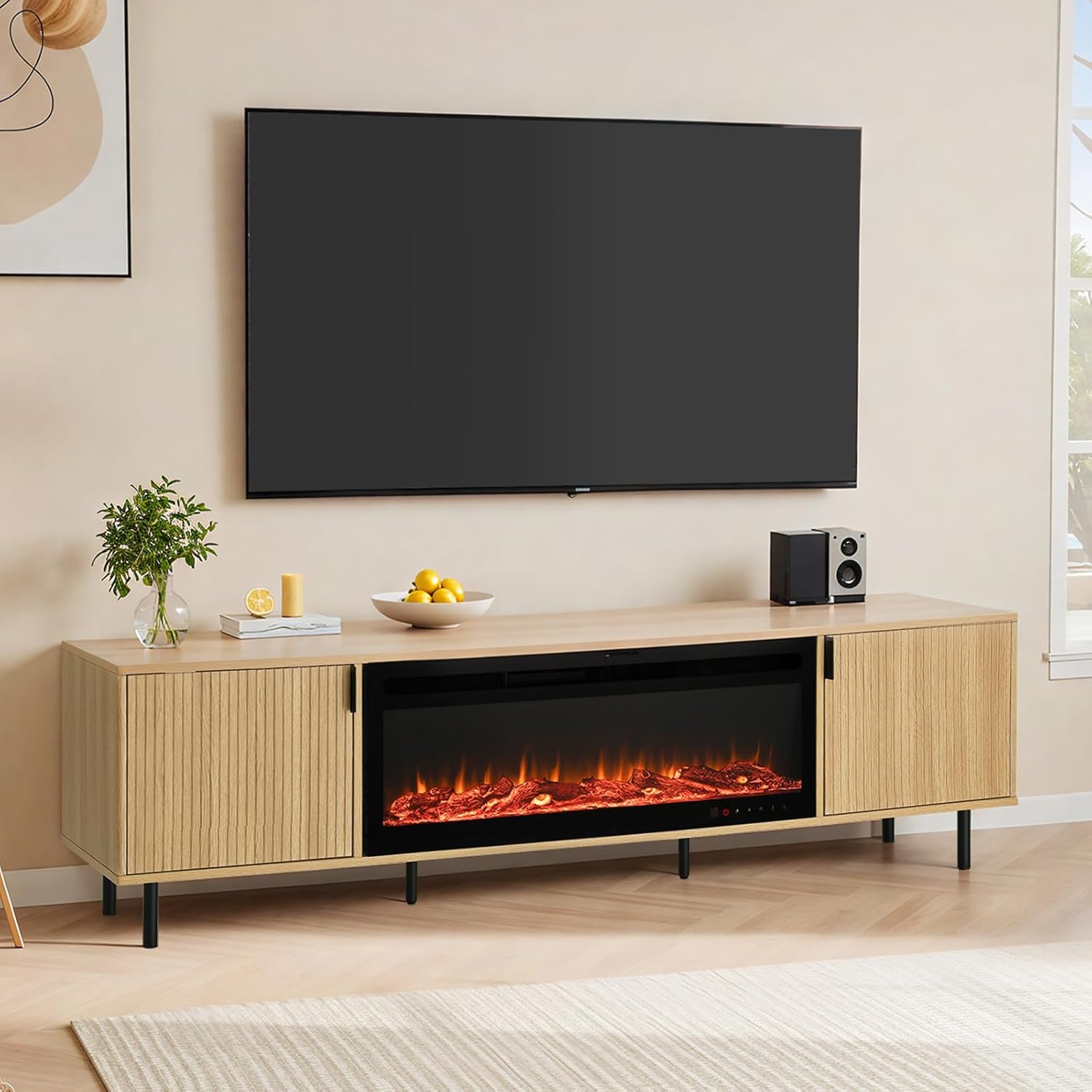 EROMMY 70" Fluted Fireplace TV Stand, Modern Entertainment Center with 36" Electric Fireplace, Media Console with Wood Grain Veneer Top for TVs Up to 80", Metal-legged Console for Living Room, Natural