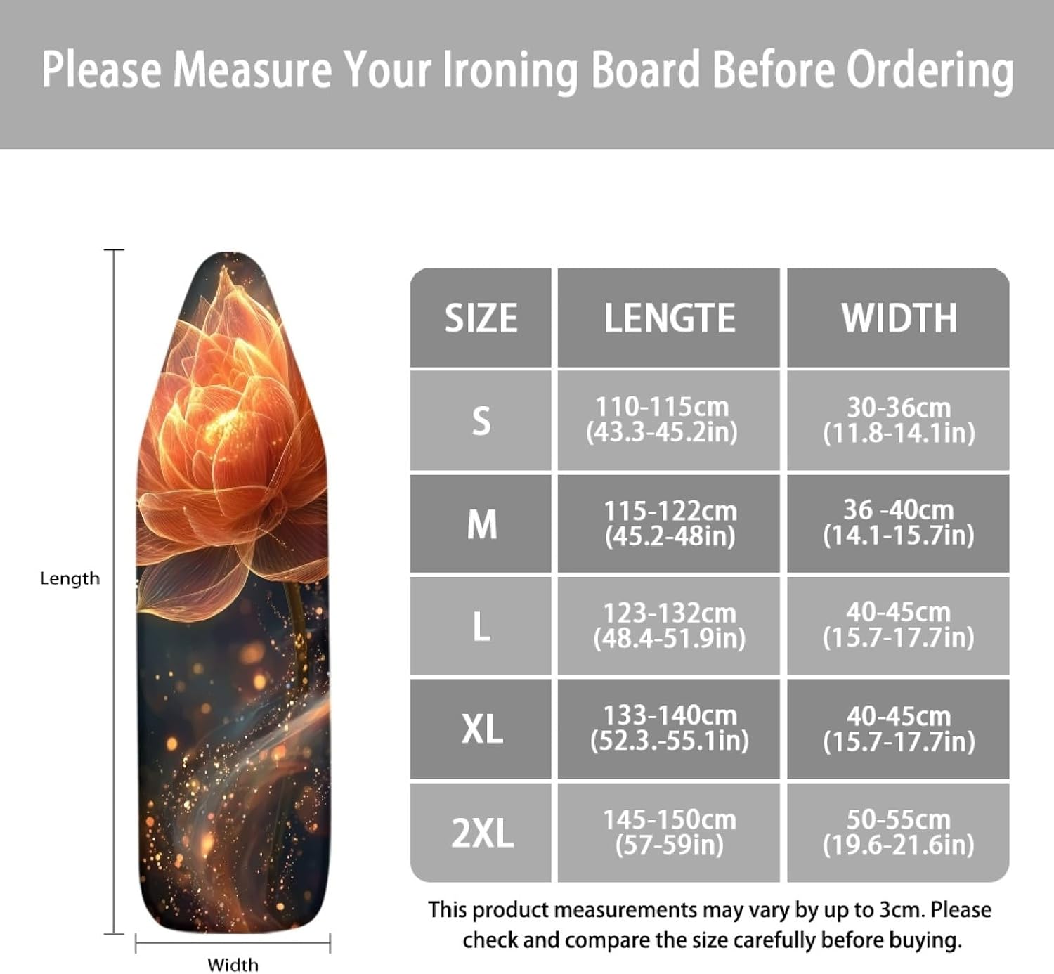 Ironing Board Cover 14x48 Flower Orange Gold Iron Board Cover with Padding Heat Reflective,Scorch Resistant Thick Padding,Snug Fit Non-Slip Nose Pocket Fastener Straps Elastic Edges