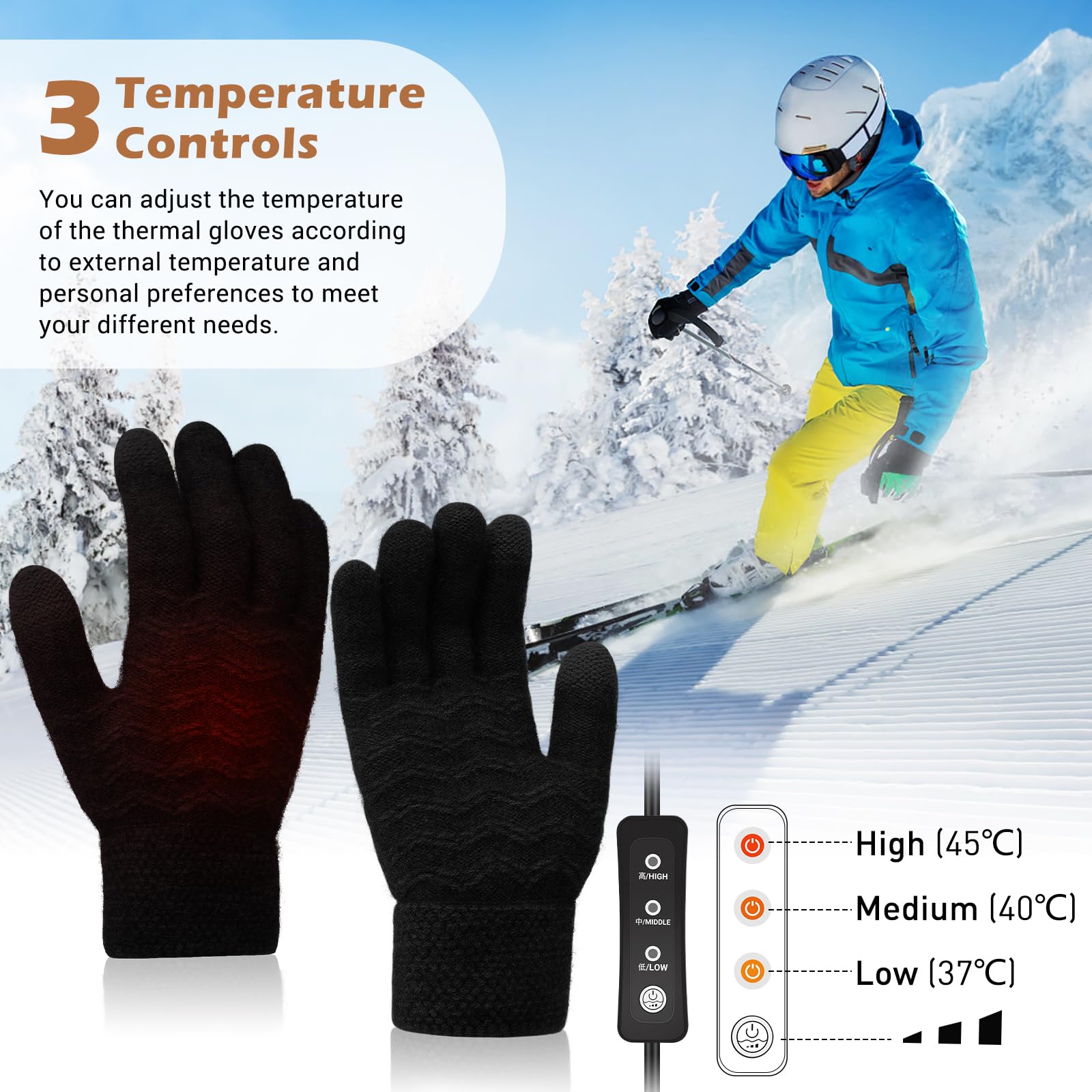 Coikes Guantes Calefactables USB para Hombres y Mujeres Guantes para Pantallas Táctiles Invierno 3 Temperatura Guantes Trabajo Frio Lavable Guantes Invierno para Esquí Senderismo Regalo