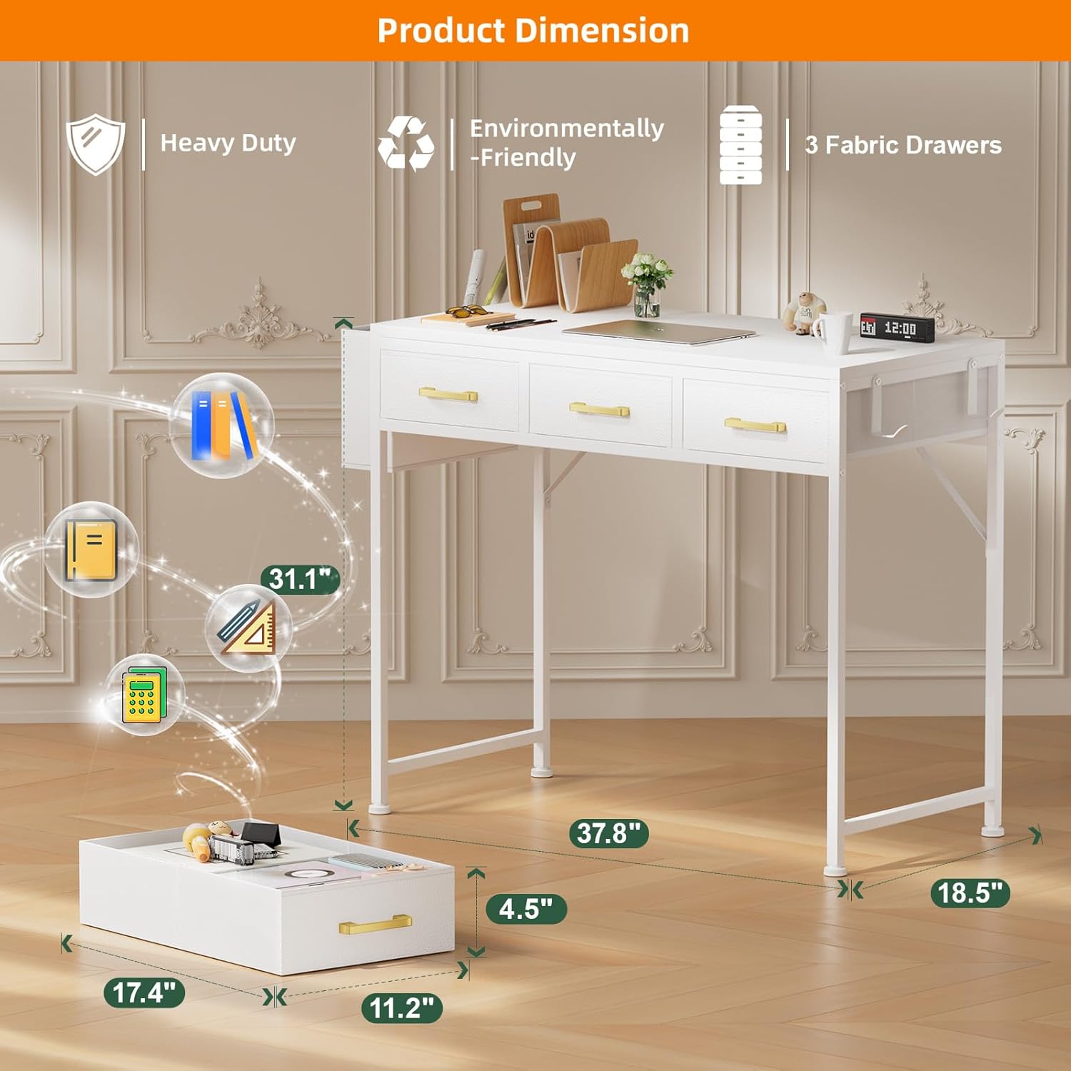 (Similar to stock photo) Vanity Desk Without Mirror, Makeup Vanity with 3 Fabric Drawers, White Vanity Desk Dressing Vanity Table for Small Space, 37 Inch Girl Vanity, Desk Make Up Vanity for Girls, White