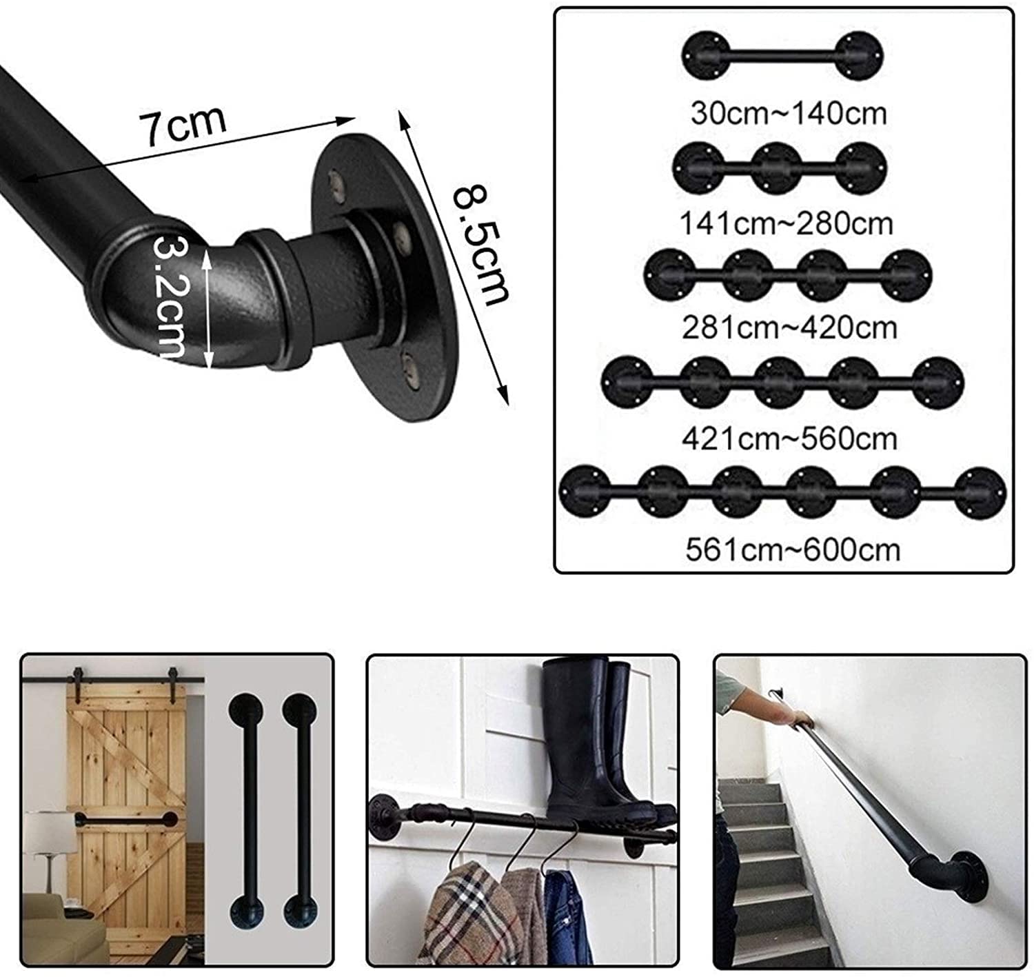 Generisch Treppengeländer, Sicherheitstreppengeländer, Sicherheitsgeländer-Set aus Schmiedeeisen mit Wandhalterungen und Metallschrauben, Rutschfester Treppengeländergriff (80 cm)
