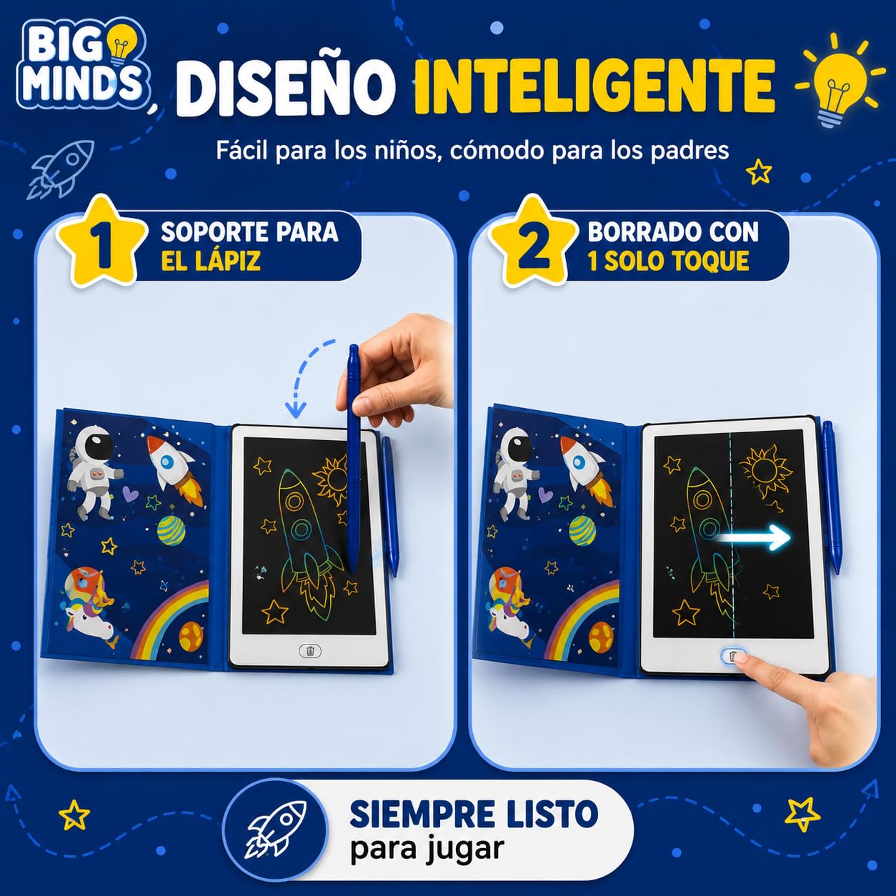 Big Minds - Pizarra Magica Infantil Space Lcd | Tableta Escritura Niños Formato Libro | Pizarra Magnetica Infantil 20 Plantillas Reversibles | Tablet Para Niños Borrable | Regalos 4 Años