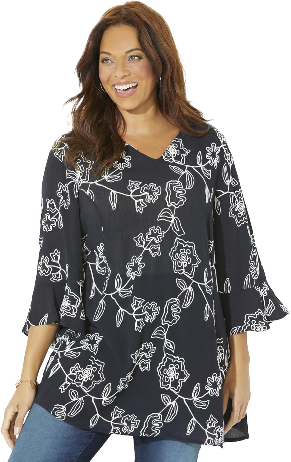 Women's Plus Size Petite Embroidered Gauze Tunic
