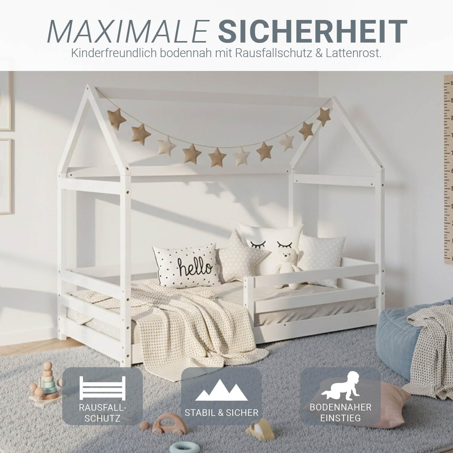 Homestyle4u Hausbett 80x160 Weiß mit Rausfallschutz & Lattenrost | Montessori Bodenbett aus Massivholz Kiefer, Kinderbett für Jungen & Mädchen, stabiles Hausdesign Bettgestell