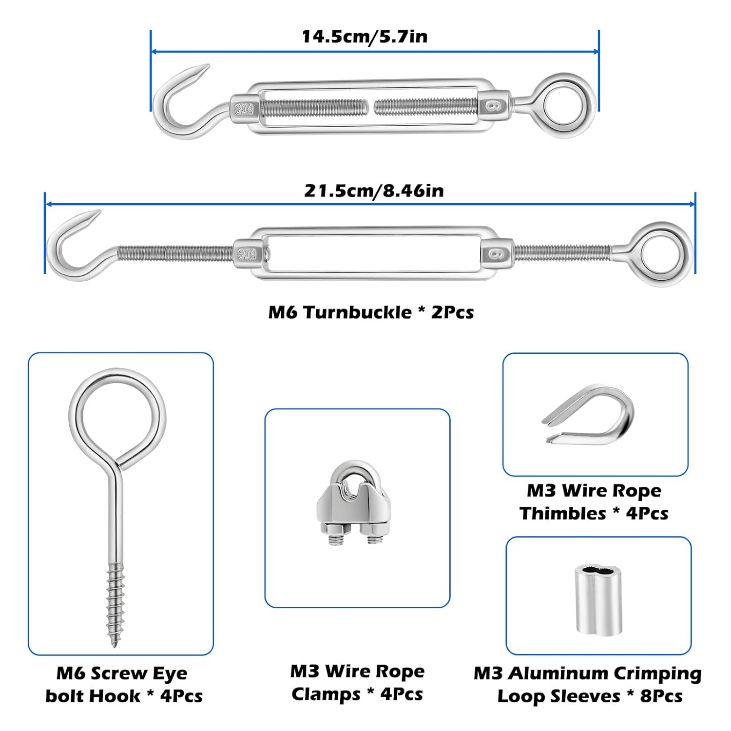 TooTaci 1/8 Stainless Steel Cable, 50ft 1/8 Steel Wire Rope Heavy Duty with M6 Turnbuckle for Cables Wire, 7×7 Strands Aircraft Cable for Deck Railing, Fences, Anti Sag Gate Kit