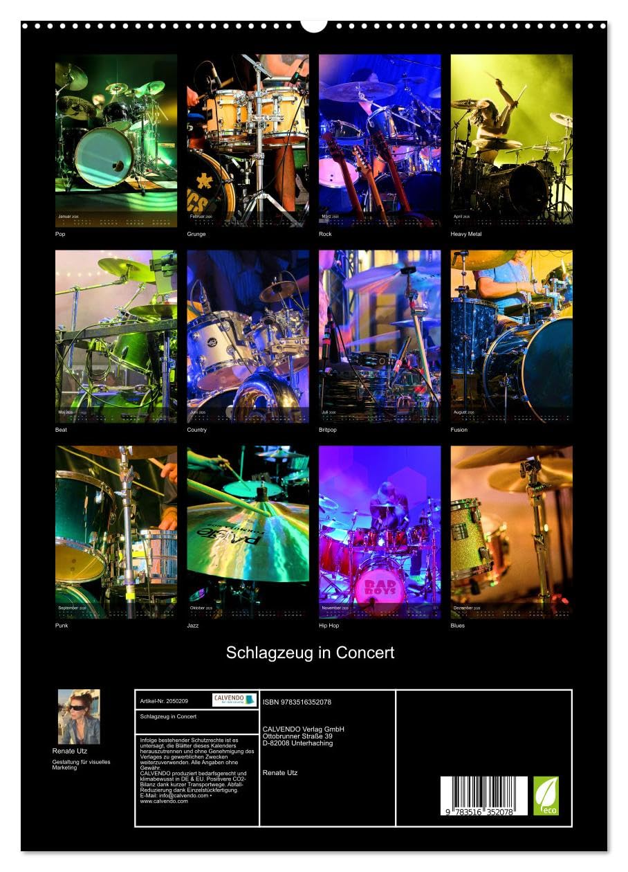 Schlagzeug in Concert (hochwertiger Premium Wandkalender 2026 DIN A2 hoch), Kunstdruck in Hochglanz: Stimmungsvolle Konzertfotografien von Drum-Sets aus verschiedenen Perspektiven (CALVENDO Kunst)