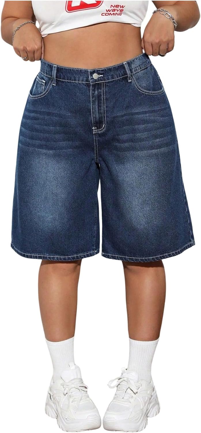 WDIRARA Women's Plus Size Bermuda Denim Shorts High Waisted Wide Leg Baggy Jean Shorts