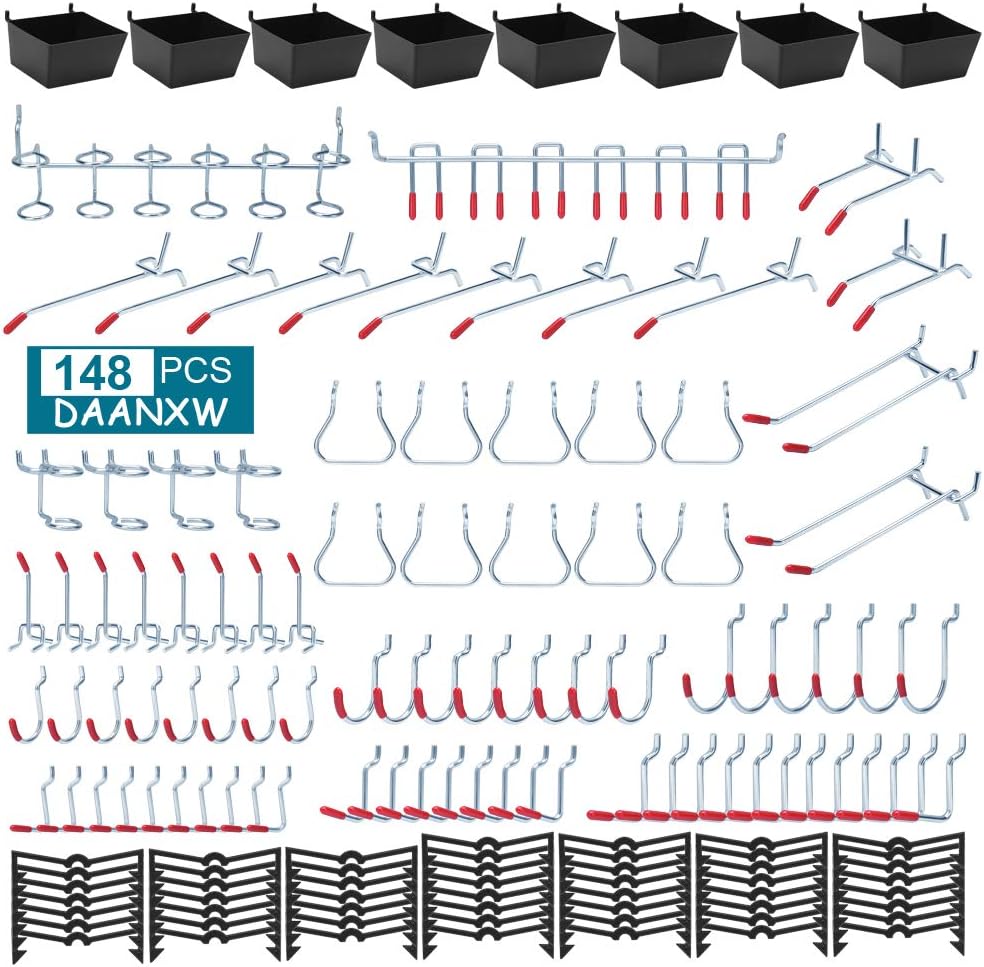 148PCS Pegboard Accessories Organizer Kit, Pegboard Bins, Pegboard Set for Tools, 1/8 and 1/4 inch Pegboard Hooks Assortment, Pegboard Bins, Metal Hooks for Hanging Storage (Black)
