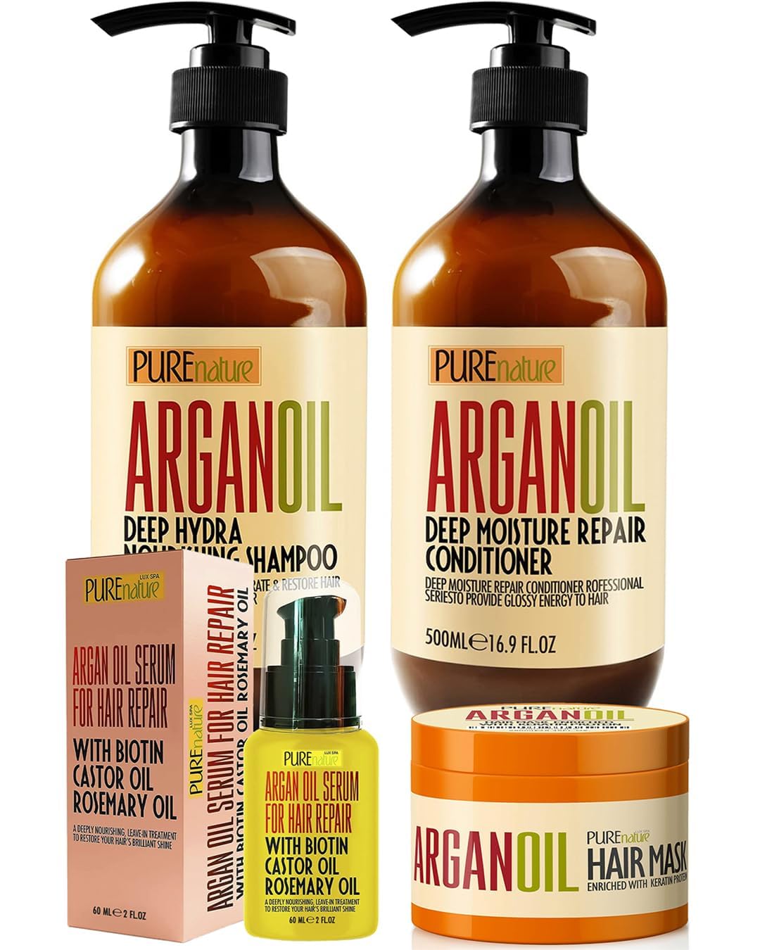 PURE NATURE Argan Oil Shampoo and Conditioner Set, Moroccan Argan Oil Hair Serum, Intense Hair Mask