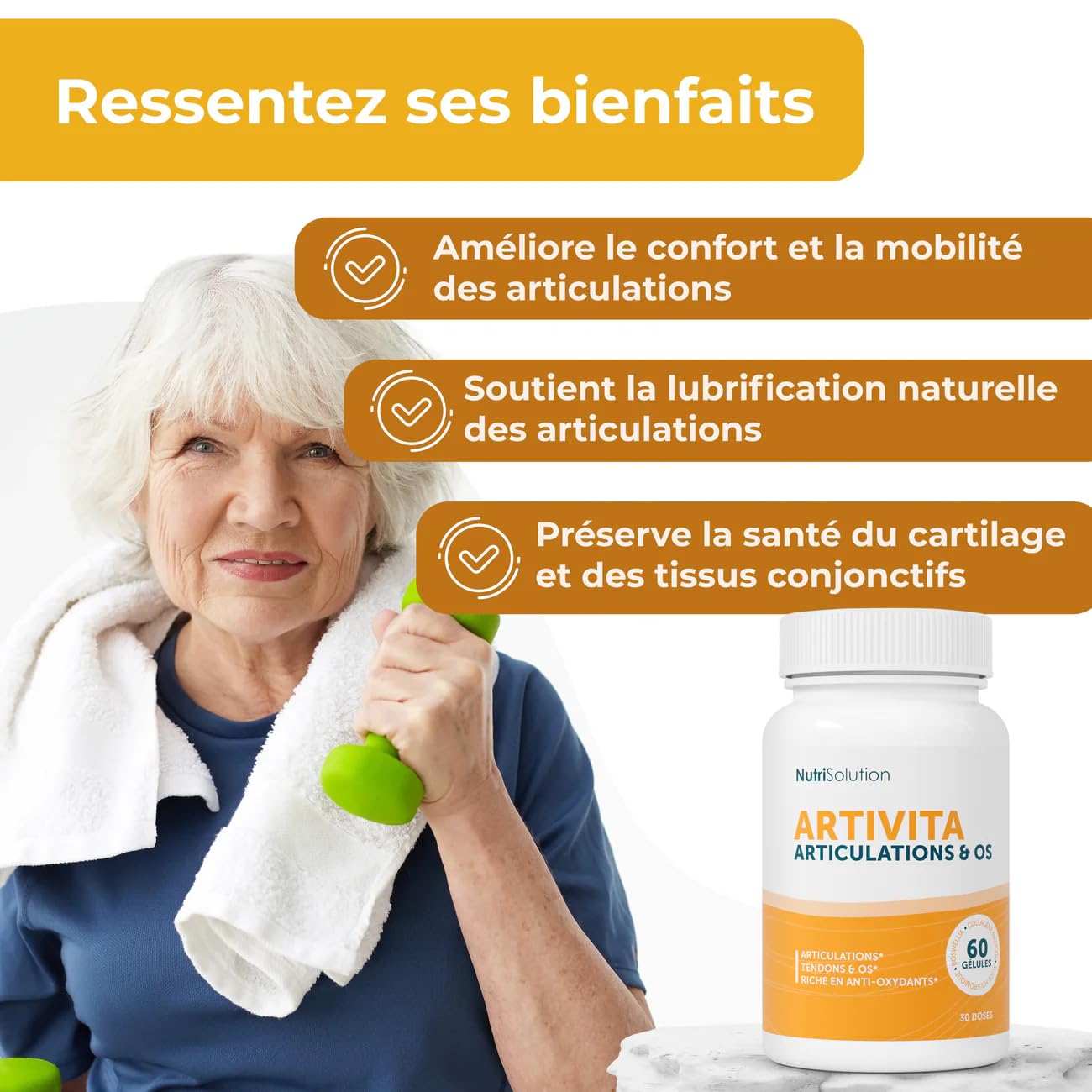 NutriSolution Artivita Soutien Articulaire – Formule Avancée au Collagène Marin, Acide Hyaluronique & Curcuma pour Articulations, Protection du Cartilage & Confort – 60 Gélules