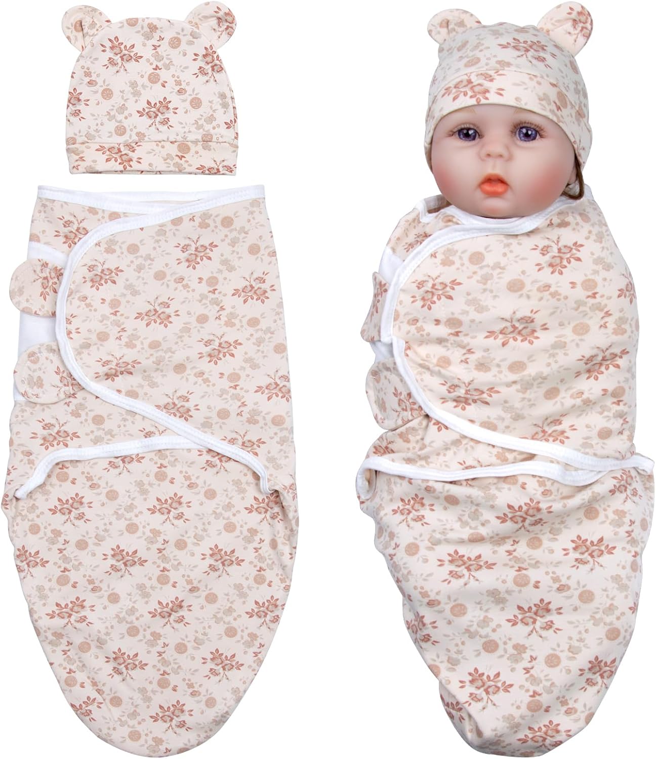 Reborn Baby Doll Clothes Swaddle Blanket with Hat for 17-22 Inch Reborn Baby Dolls Girl Accessories Set Cute Pink Floral Pattern