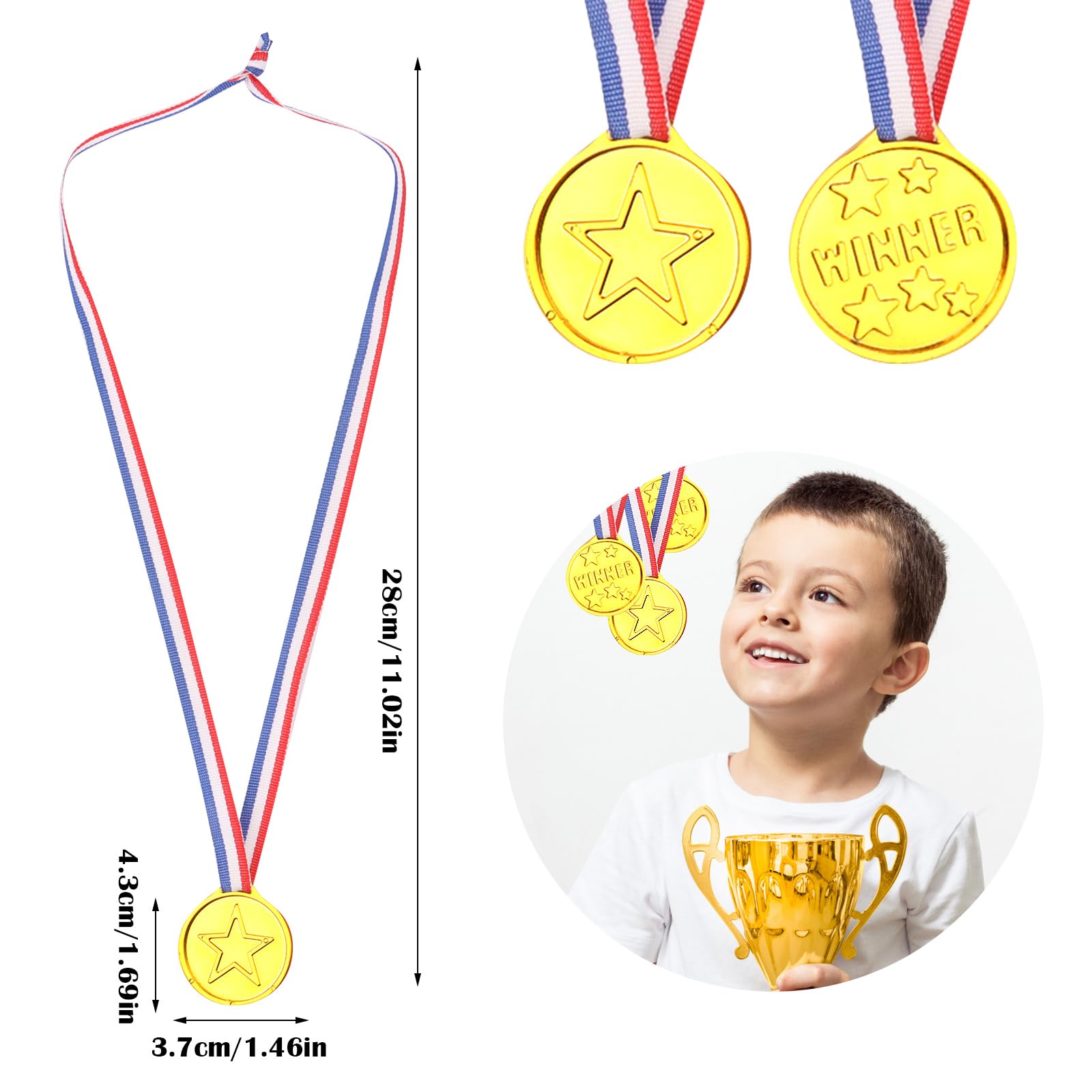 Medaglie per bambino Plastiche Winner, Nastro Medaglia Oro Vincitore, Bomboniere per Giochi Feste