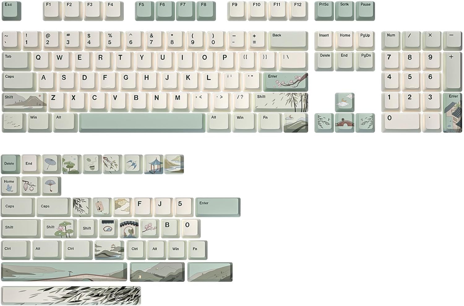 YUNZII Spring Tea Dye Sub PBT Keycaps,145 Full Keys Dye Sublimation PBT Custom Keycap Set with Key Puller for Cherry Gateron MX Switches Mechanical Gaming Keyboard (Cherry Profile, Spring Tea)