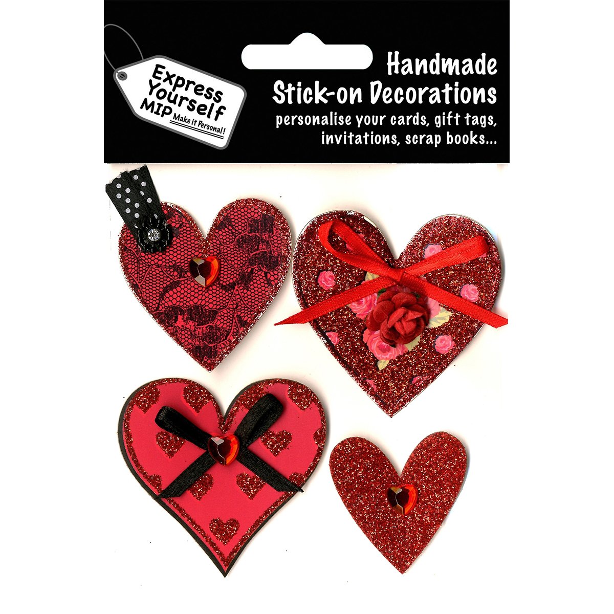 Express Yourself DIY, self Adhesive, 4 Hearts Topper - Ideal for Card Making, Scrapbooking, Papercrafts, Childrens Crafts etc
