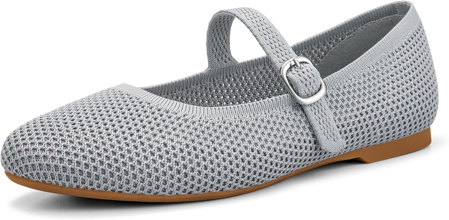 Tanamo Mary Jane Shoes Flats for Women Round Toe Shoes Ballet Flats Comfortable Dressy Adjustable Straps Casual Office Work Wedding Washable Knit Slip On Grey - Image 5