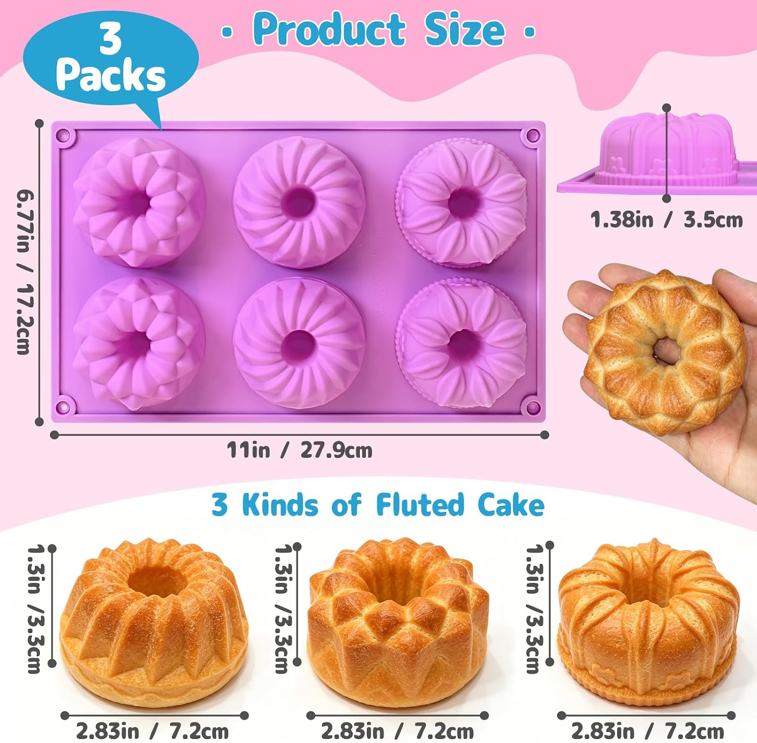 3 Pcs Mini Fluted Cake Pan, 6-Cavity Fluted Tube Cake Pan Silicone