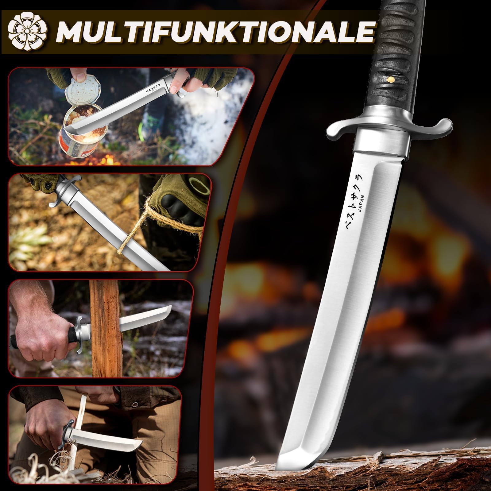 Japaknives Outdoor Messer Survival Tanto Messer Japan D2 Stahl Machete Scharf Echt 5mm Dick Feststehende Klinge mit Phoenix Gravierte Scheide Campingmesser Sammlung Geschenk für Männer