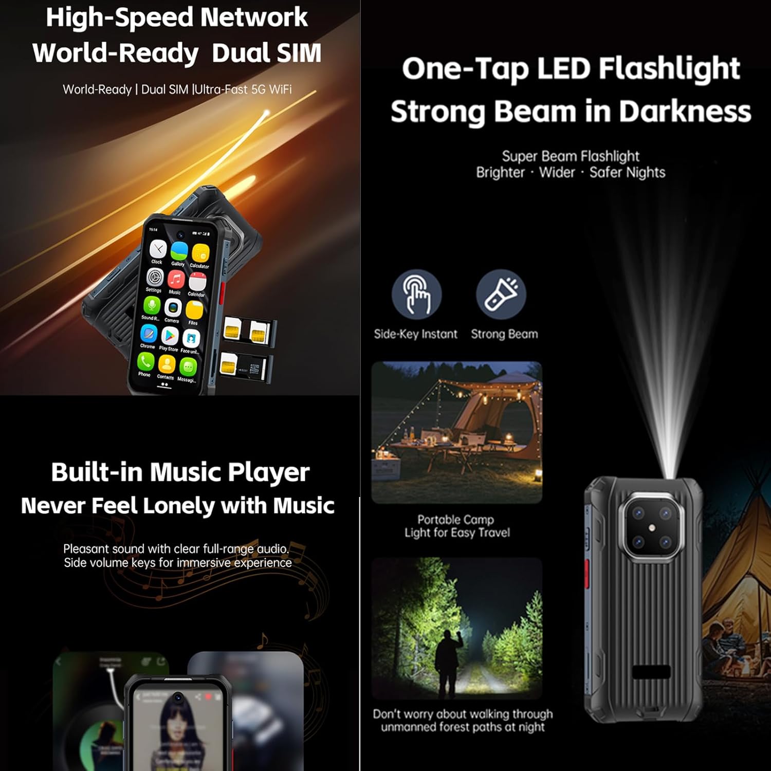 An image highlighting the Tuanzi MaxO MAXo smartphone's 4G network support, built-in music player, and one-tap LED flashlight.