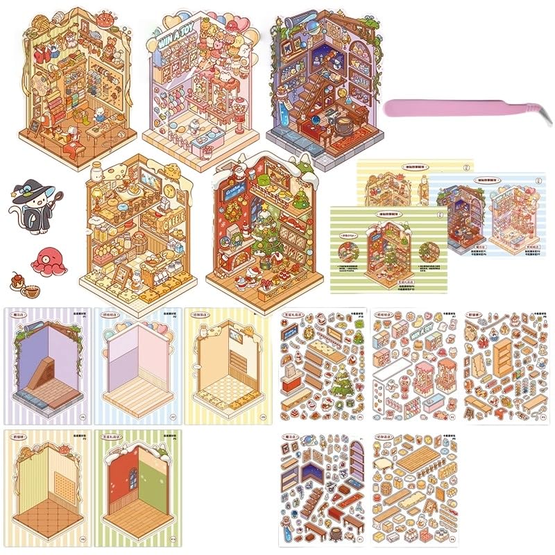 DIY Scene Sticker Book for Adults,10 Sets Make Your Own Sticker Therapy for Adult,Cute Cartoon House Isometric 3D Space DIY Scene Stickers Book Relief Stress Pass The Time