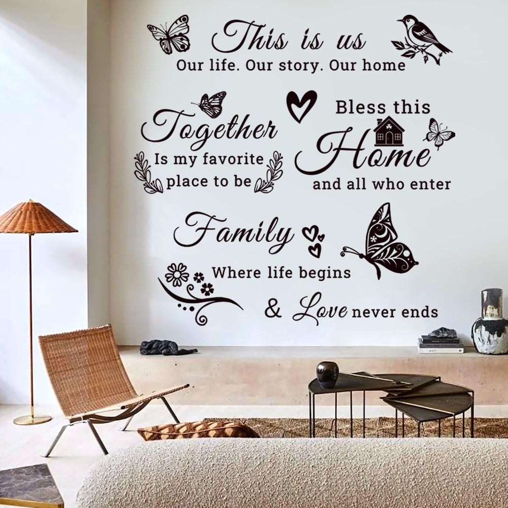 Decoración de pared familiar con calcomanías de frases inspiradoras y mariposa