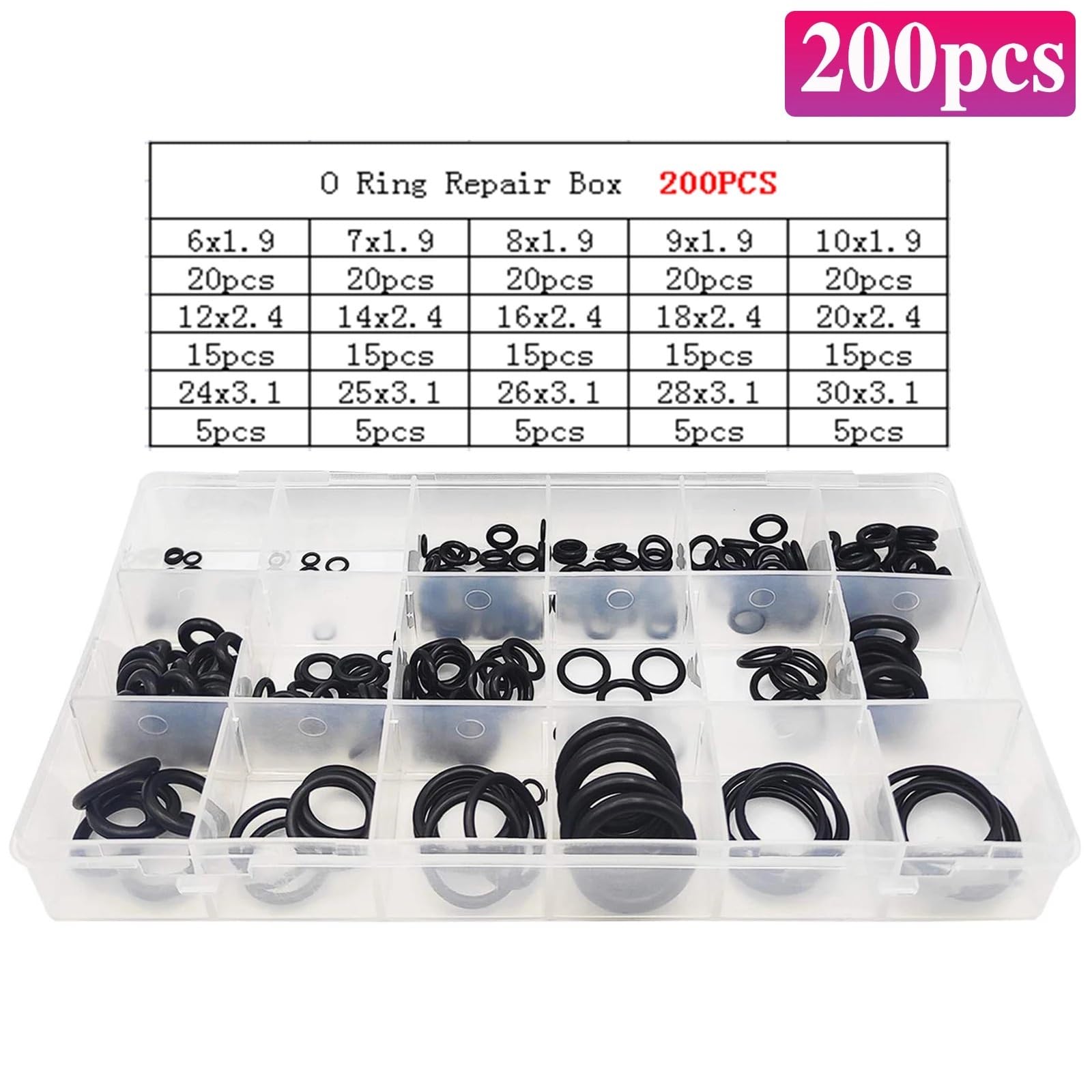 200 pezzi Guarnizione O-ring in gomma Confezione Guarnizione O-ring in gomma nitrilica Set Guarnizione rubinetto NBR Valvola O-ring in gomma Set(200pcs)