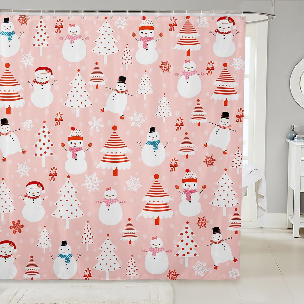 Feelyou Cartoon Christmas Shower Curtain for Kids Santa Claus Snowman Bathroom Shower Curtain Set Pink Xmas Theme Bath Curtain Decor Christmas Tree Kids Bathroom Accessories 72"x84"