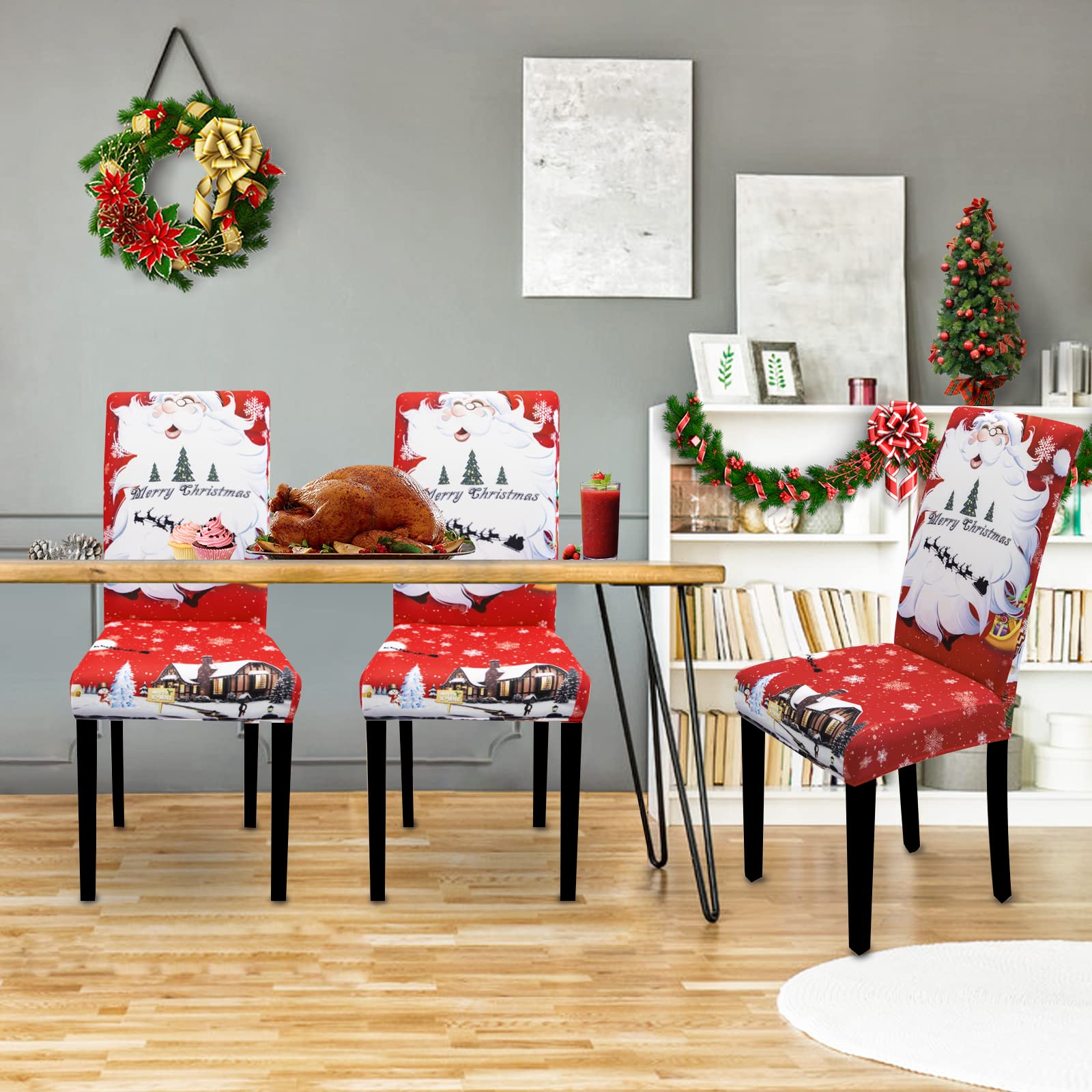 Jaotto Coprisedie Natalizie 6 Pezzi Coprisedia Elasticizzati con Schienale Fodere Coprisedie Universale per Sala da Pranzo Cucina Natale Coprisedia Lavabile Coperture per Sedie,Rosso/Babbo